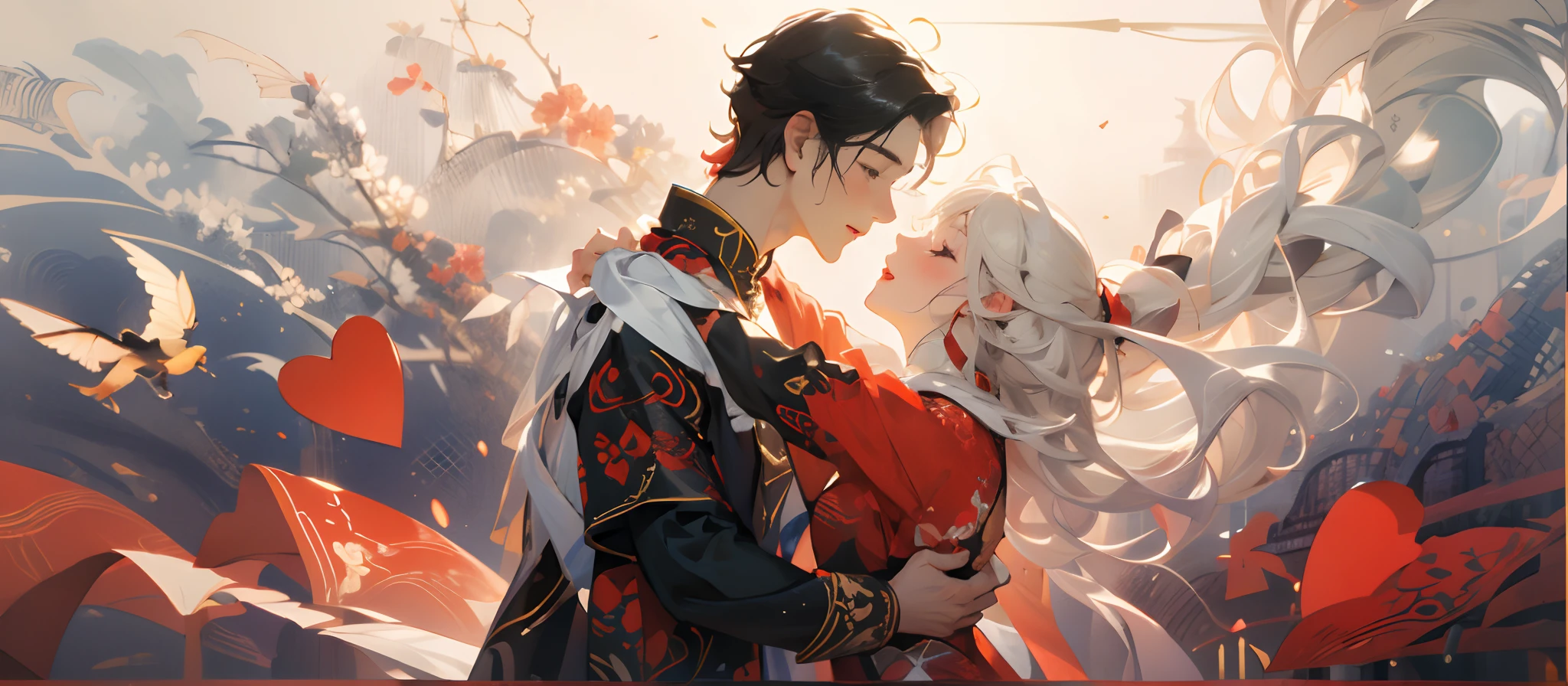(Super detailed CG unity 8k personality wallpaper,Masterpiece level,Best picture quality),a young man and a woman,couple,is dancing,Pleasure,gleeful,Love,Heart shape,magpie,Chinese costumes,China-style,meticuloso,Super meticulous,UHD,