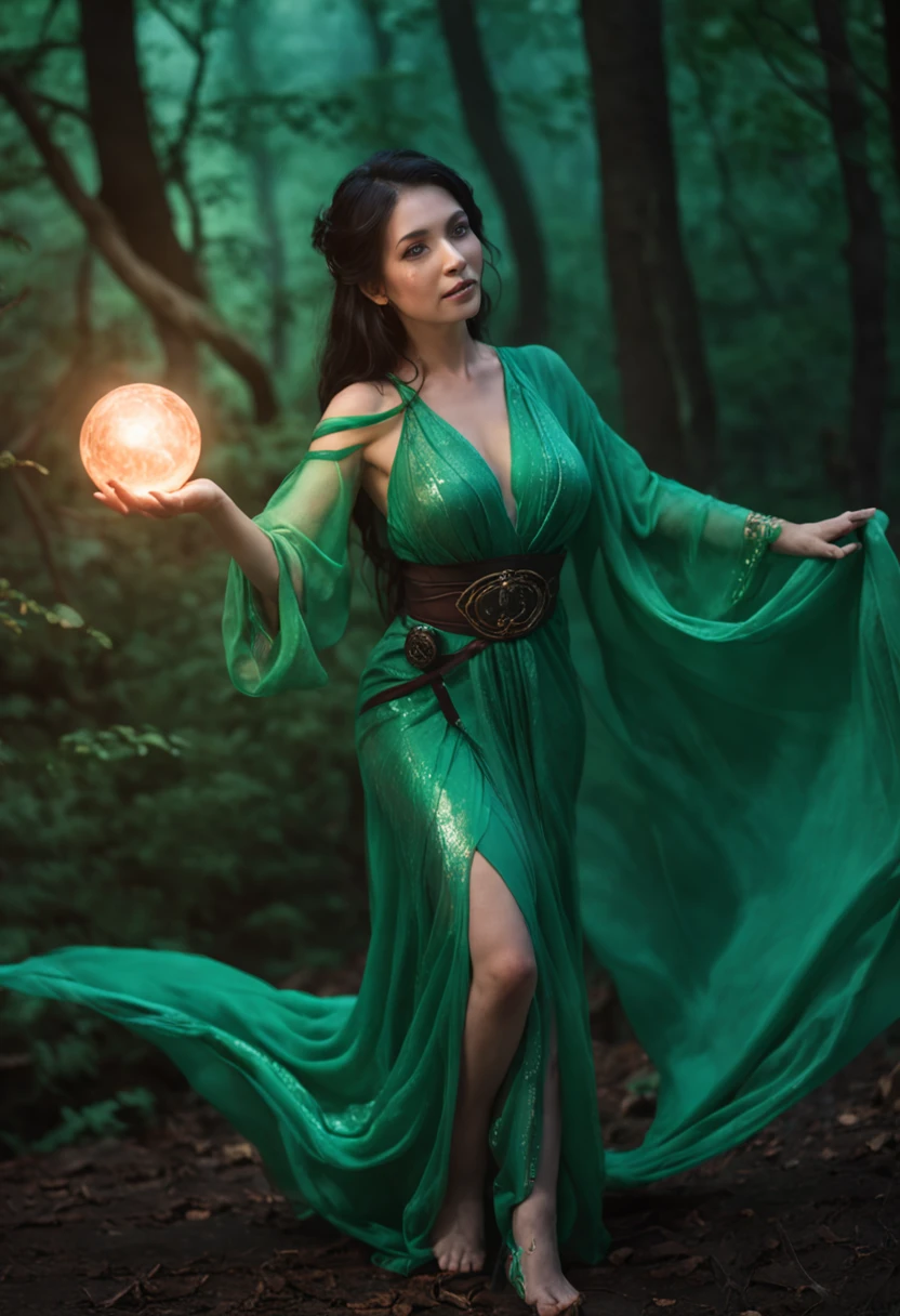 1 woman, Snake body, captivatinggaze, Silky black hair, scales, Glowing tattoos, Green eyes, Seductive smile, Flowing robes, magical staff, casting spell, mystical aura, Serpentine movement, Forest background, Moonlit Night, Swirling mist, Ethereal beauty, fantastical creature, surreal atmosphere, Enchantment, mesmerizing charm, Fabulous power, Ability to cast spells.