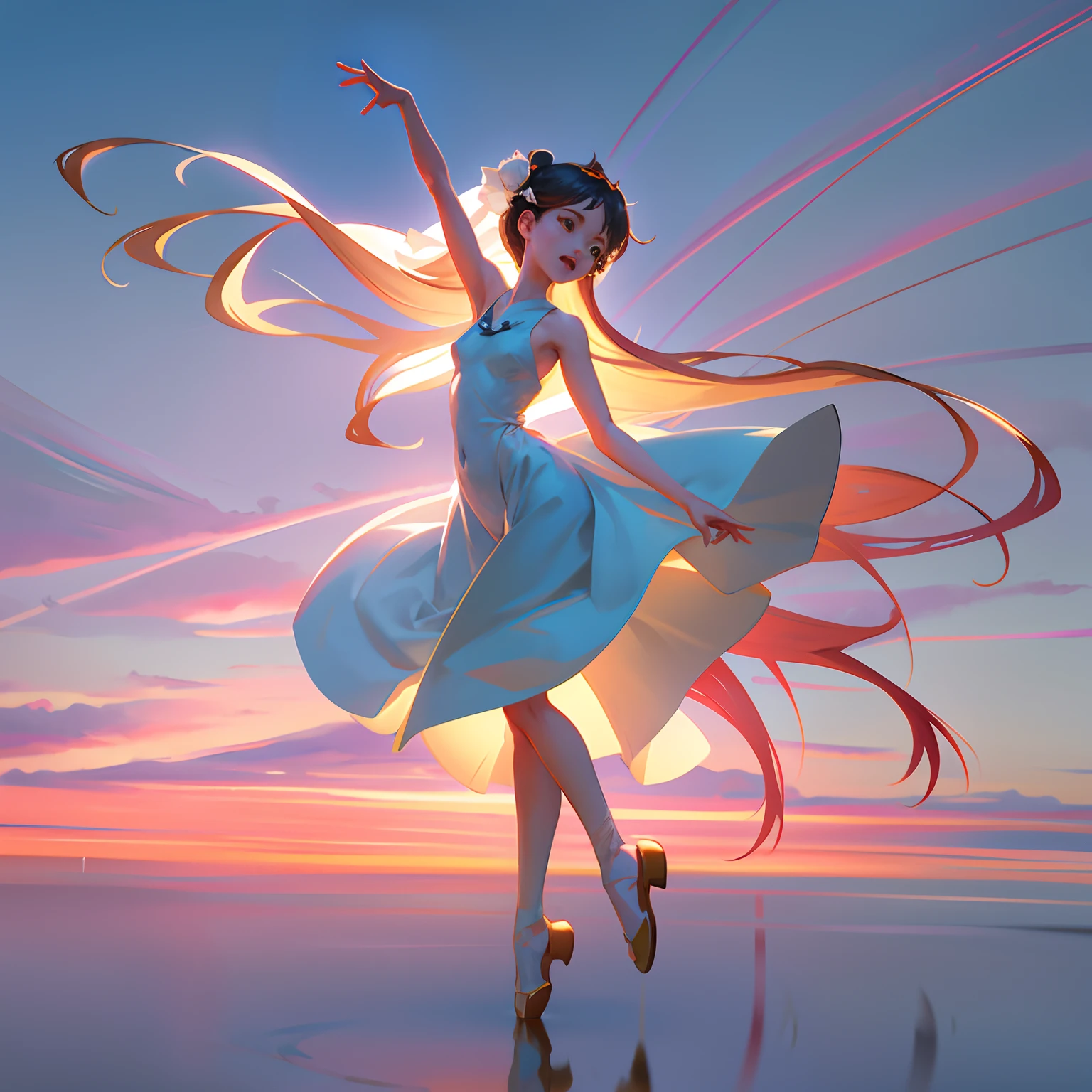 anime girl in white dress dancing on a beach at sunset, expressing joy. by krenz cushart, artgerm and atey ghailan, rob rey and kentarõ miura style, rhads and lois van baarle, inspired by Ross Tran, beautiful digital artwork, in the style of ross tran, rossdraws global illumination