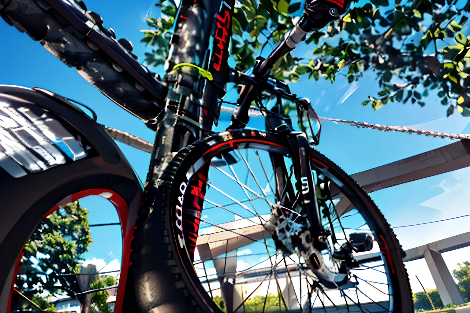 There's a bike that's leaning against a tree, bicicleta no fundo, extreme low angle shot, middle close up composition, Tiro no iPhone 1 3 Pro Max, Tiro em GoPro9, bicicleta, Extremely low angle, against the backdrop of trees, Low angle shot, extremely low angle long shot, morning hard light, ciclismo!!, Low angle shot