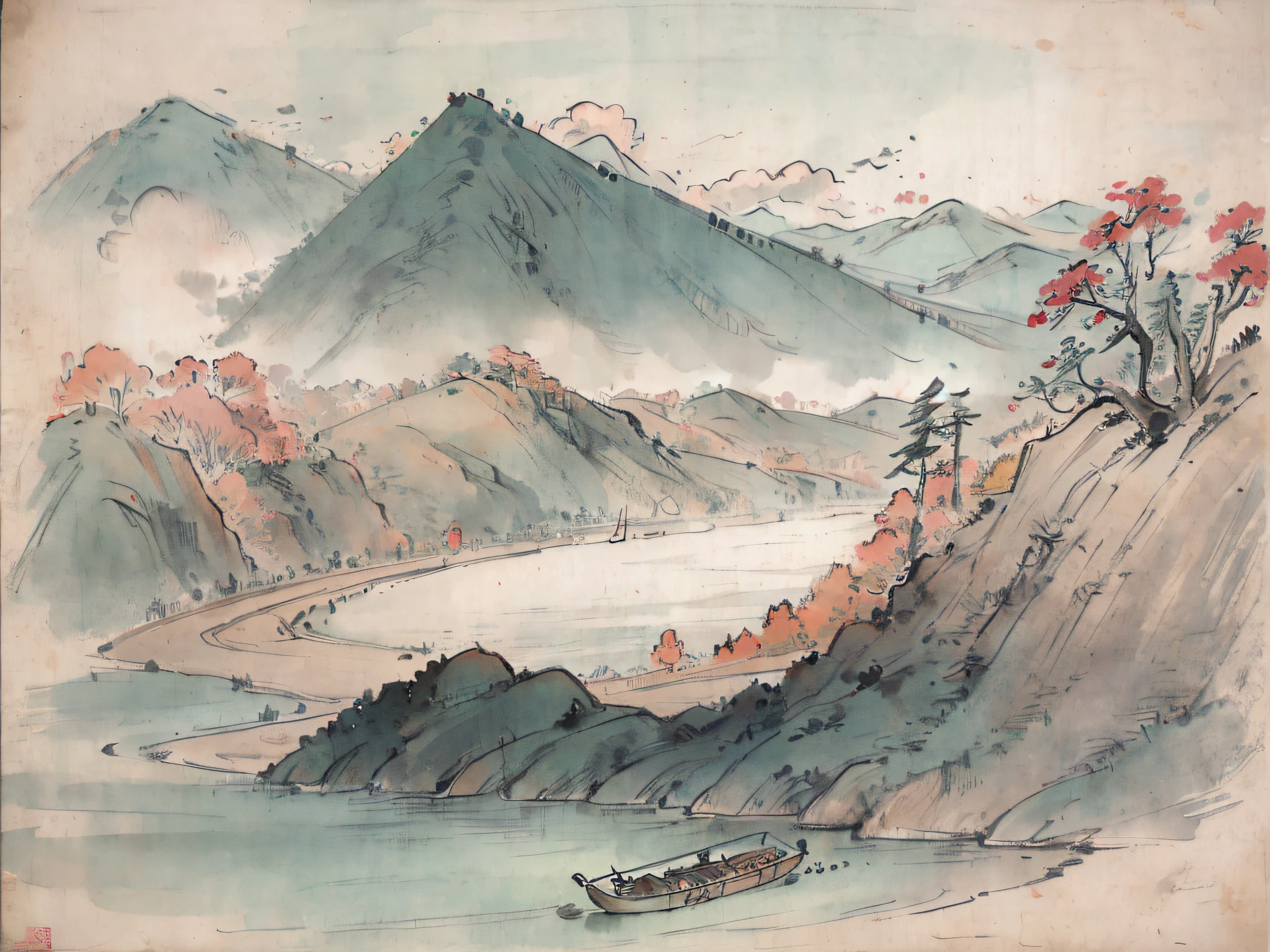 (tmasterpiece，best qualtiy：1.2），Tradition Chinese Ink Painting，green mountains，rios，The composition is minimalist，There is a boat on the river