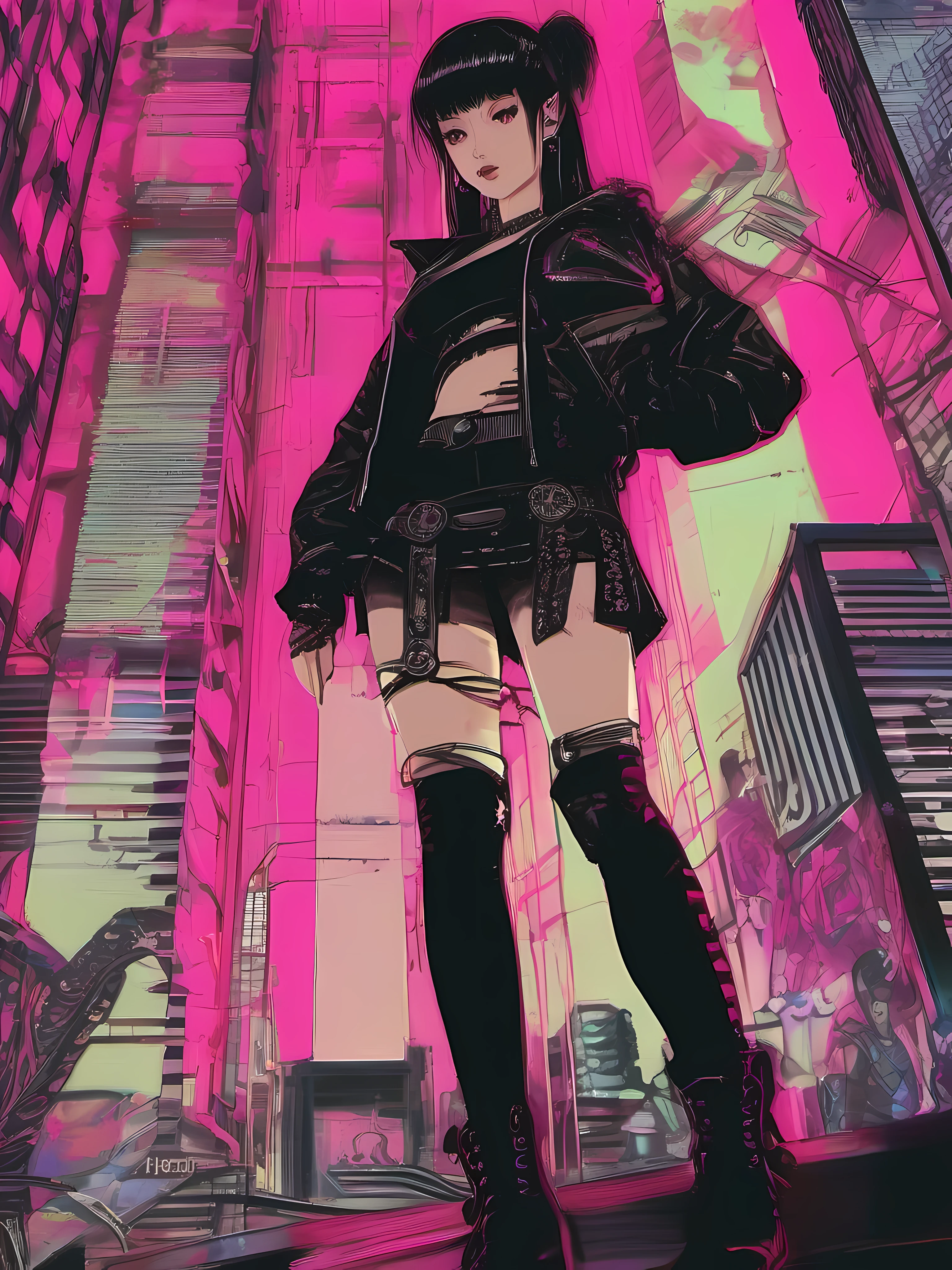 A photograph with an extreme perspective shot from hip level up. A caucasian cybergothic girl with asymmetric clothing, skulls and metal belts, a short leatherskirt, a cropped top and a fishnettop on top, one knee high lace sock and combatboots. She has black hair and pink hairstrands, with bangs and some loosely braided strands. A lot of plastic tubelike hair accessories glowing in neongreen and neonpink. The background is a blurred cyberpunk city with neon lights.