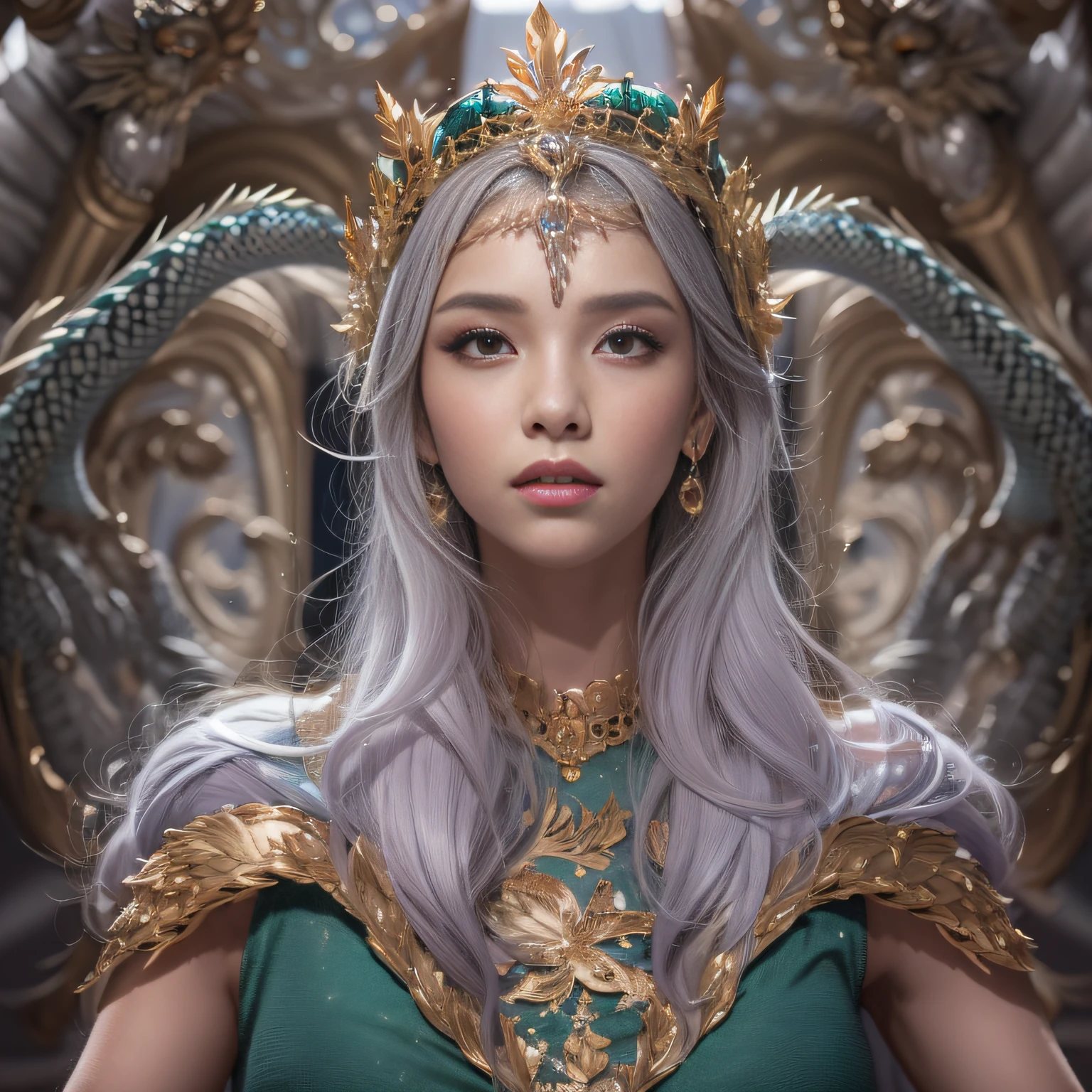 16k(tmasterpiece,k hd,hyper HD,16k)short detailed hair,Gold jewelry area in the back room,King Girl ,Silver Dragon Protector (realisticlying:1.4),Python pattern robe,Purple-pink tiara,Snowflakes fluttering,The background is pure,Hold your head high,Be proud,The nostrils look at people, A high resolution, the detail, RAW photogr, Sharp Re, Nikon D850 Film Stock Photo by Jefferies Lee 4 Kodak Portra 400 Camera F1.6 shots, Rich colors, ultra-realistic vivid textures, Dramatic lighting, Unreal Engine Art Station Trend, cinestir 800,Hold your head high,Be proud,The nostrils look at people