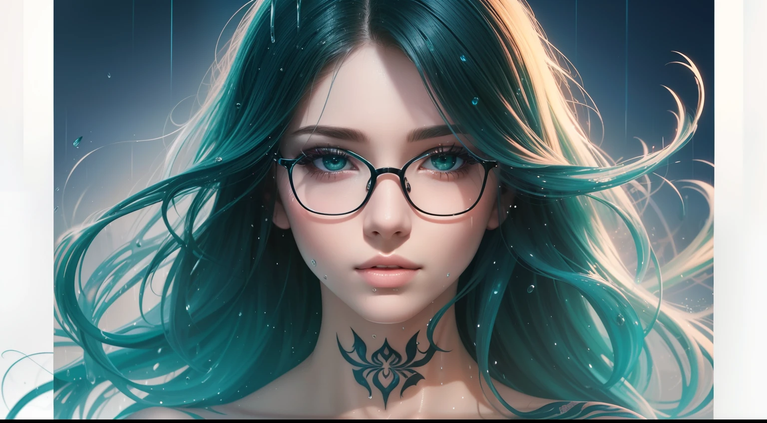Realistic, full-body portrait of a young woman, 20 years old. perfect body, realistic perfect body composition, wet body in the rain, waterfall scene. realistic beautiful green eyes, cool face, fair skin, good looking, tattoo art, sexy sexy liquid acrylic outfit, glasses, warm dreamy light, volumetric light, powder adventure style paper, dynamic gradients, vivid colors, illustrations, highly detailed vector curves, simple, smooth and clean, vector art, smooth, character design, cinematic, Surrealism, posters, masterpiece collection, lush vivid colors, sunsets, wet gouache. High image quality, meticulous detail, perfect realistic work