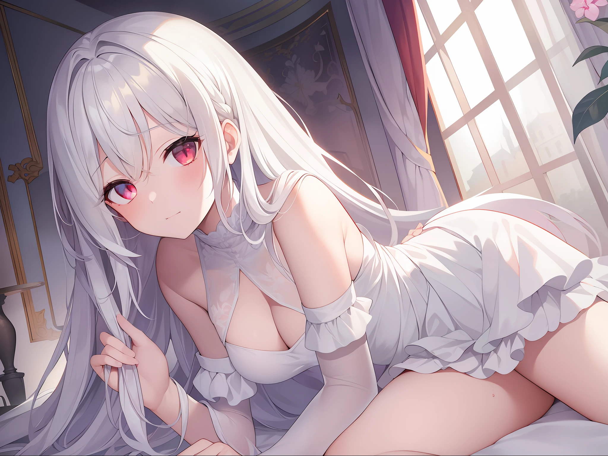 ((Masterpiece, Best quality))++, Detailed light+,  Detail hair+, detail hand+ ,1girll, woman, Long hair,   dark red eye,  Beautiful eyes, Young gray hair,,(Beautiful white hair:1.5),(Beautiful detailed eyes), ,    high resolution+,   Masterpiece,  , Glass tones, Reflective eyes,  {{Angle}} , extremelydetailedwallpaper, Original,full bodyesbian,Bedrooms,upper legs, Beth,starrysky,Issuing,,swim wears,,naturey