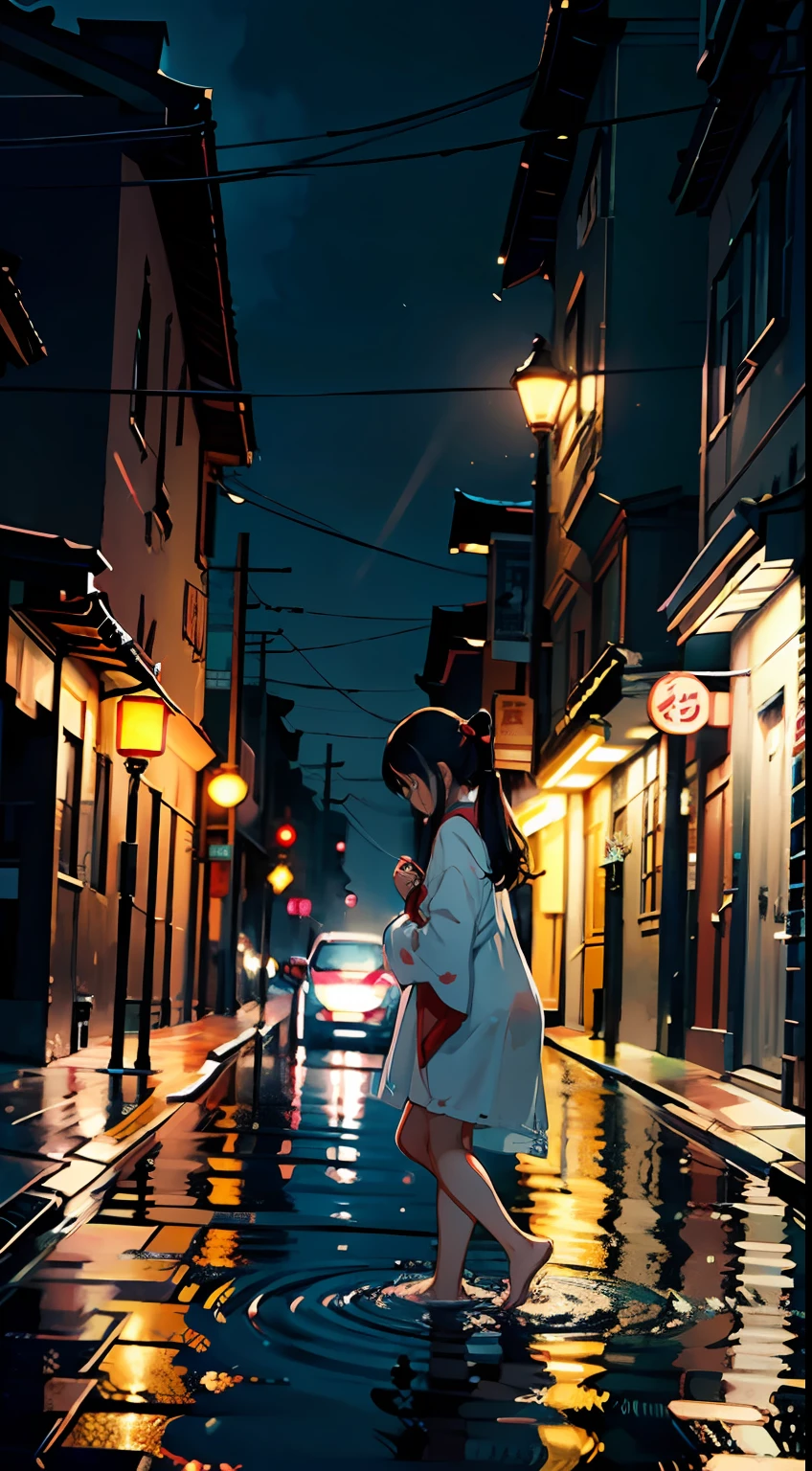 deep in the night，little bit of raining，bit girl，The expression is shy，Black hair with high ponytail，Wear Taoist clothing，Comfortable robe sleeves，Clothes hang down to the ankles，Loose collar，The placket is inlaid with delicate embroidery or pattern，Clothes are torn and torn，clothes wet，Fit snugly to the body，Barefoot，The front foot is raised to expose the soles of the feet，Little girl walking on streets where there is no one at night，Walk lightly，Every step brings ripples，The puddle reflects the soles of your bare feet，The streets are shrouded in silence and silence。Street lights emit a soft yellow or white glow，Cast warm light and shadow in the dark。The buildings lining the streets stand quietly，There was a faint light outside the window，Reflected in the street