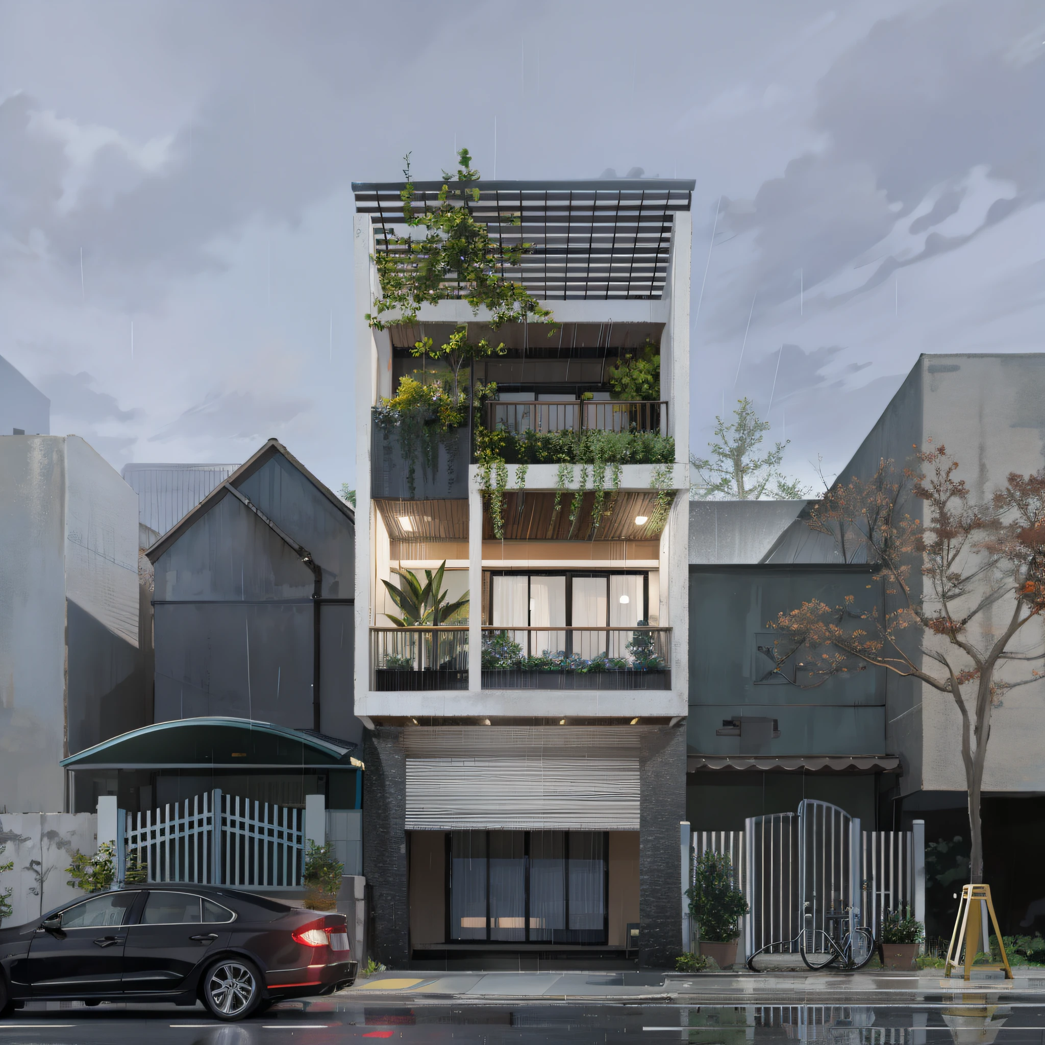 (3D:0.5,realistic:0.5,photorealistic:0.5),(absurdres,Super-resolution,masterpiece,best quality,finely detailed,absurdres:1.2), dramatic light, dramatic illumination, cinematic, anime scenery, makoto shinkai, ghibli, fantasy world, magical, beautiful sky, clouds, building, cars, dramatic lighting, cinematic lighting, rain, wet, rainy days, rainy, rain drop, crosswalks, cone, reflection, stop sign, arrow sign, Traffic sign