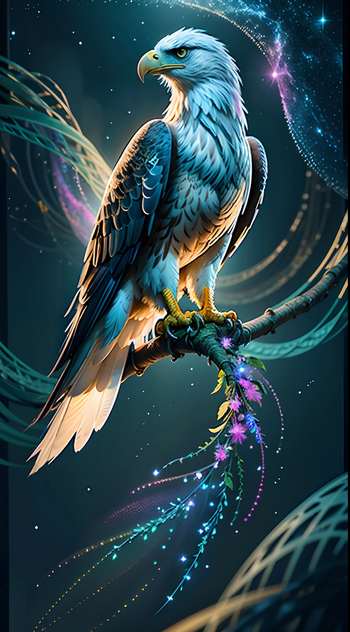 Photography of the Galaxy, An eagle sits on a branch, Space, nebulas, Star, Smoke, iridescent, intricately-detailed, in the shape of an eagle, octane number, Гиперреалистичный 16K, lifelike texture, Unreal day engine, Cinestill 800, (35 mm spring)