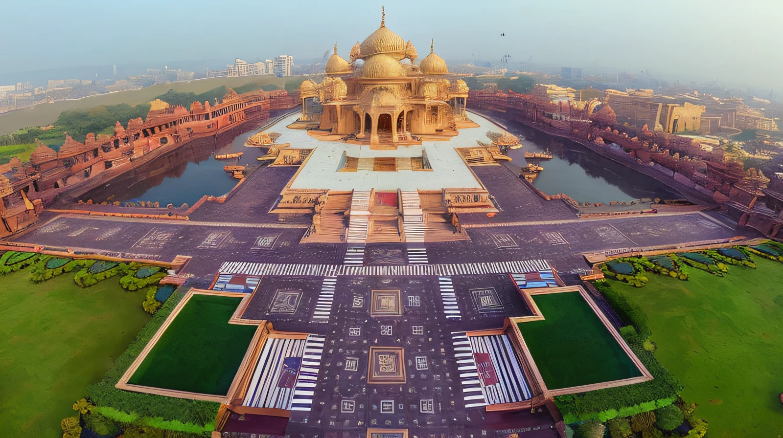 arafed view of a large building with a fountain in the middle, beautiful futuristic new delhi, indian temple, stunningly detailed, large temples, dmt temple, enormously detailed, india, huge futuristic temple city, insanely detailed, immaculately detailed, islamic architecture, shot from drone, inspiring birds eye vista view, the grand temple of flowers