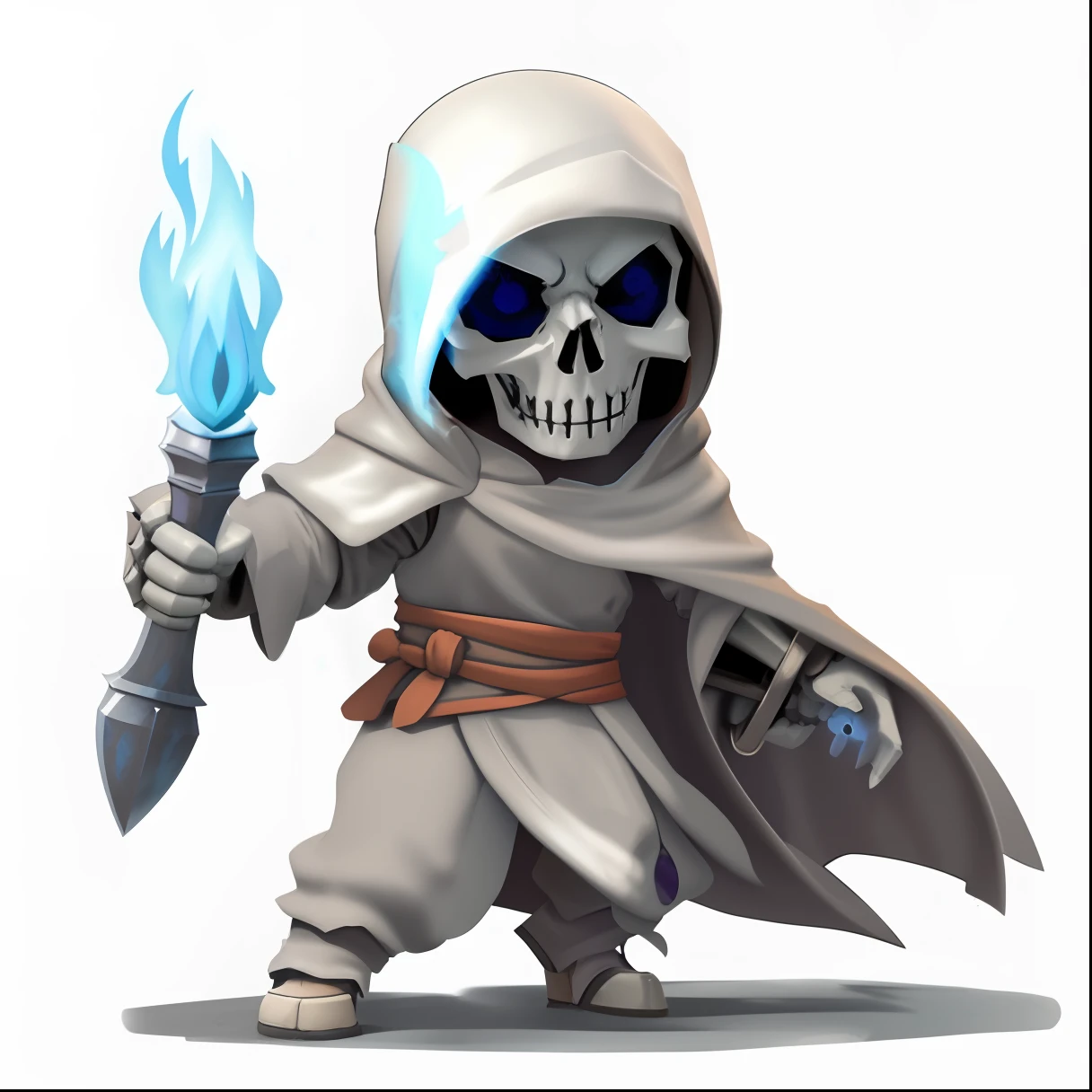 Close up of cartoon character with blue flame, an arcane wizard casting a spell, skeleton warrior, Undead Mage, Fiery Grim Reaper, ghostly necromancer, Reaper Mini, evil death, mower, With a skull wand, undead lich, skeleton knight, game character art, concept art of a monk, Game Character, Grim Reaper