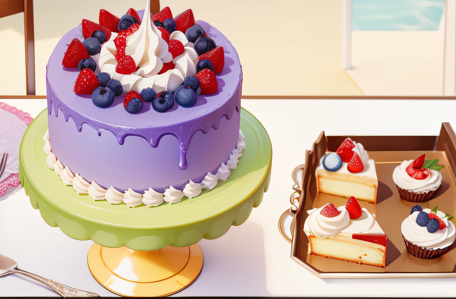 The top of the cake is covered with cream,morango,blue berry,Exquisite,3Drenderingof