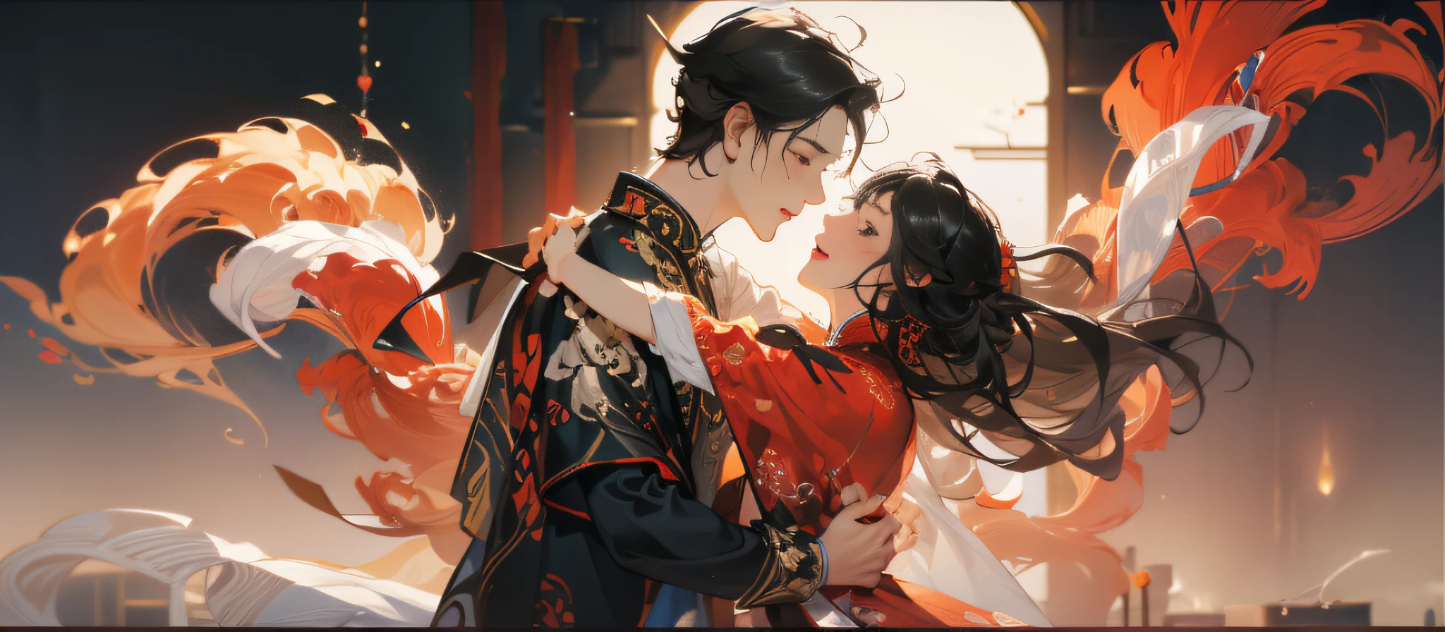 (Super detailed CG unity 8k personality wallpaper,Masterpiece level,Best picture quality),a young man and a woman,couple,is dancing,Pleasure,gleeful,Love,Heart shape,magpie,Chinese costumes,China-style,meticuloso,Super meticulous,UHD,