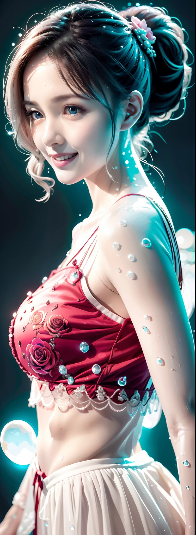 facing away from the audience,Silver-haired woman,Low double ponytail,watery big eyes,Pink hair accessories,Enchanted smile,Get out of the water,Detailed depiction of water droplets on the body,The delicate rose pattern tattoo on the back comes to life,Blur lighting effects,Close-up shot,Best quality photos,16K High Resolution。
