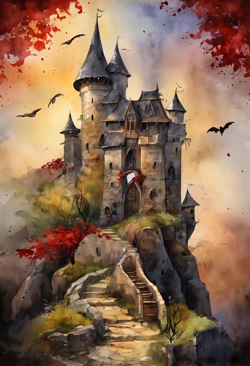 Best quality, Masterpiece, 超高分辨率, (photograph realistic:1.4), surrealism, Dream-like,fusionart, Shadowdancer, shadow magic,Red-eyed, Black-haired vampire,Dilapidated castle in the background