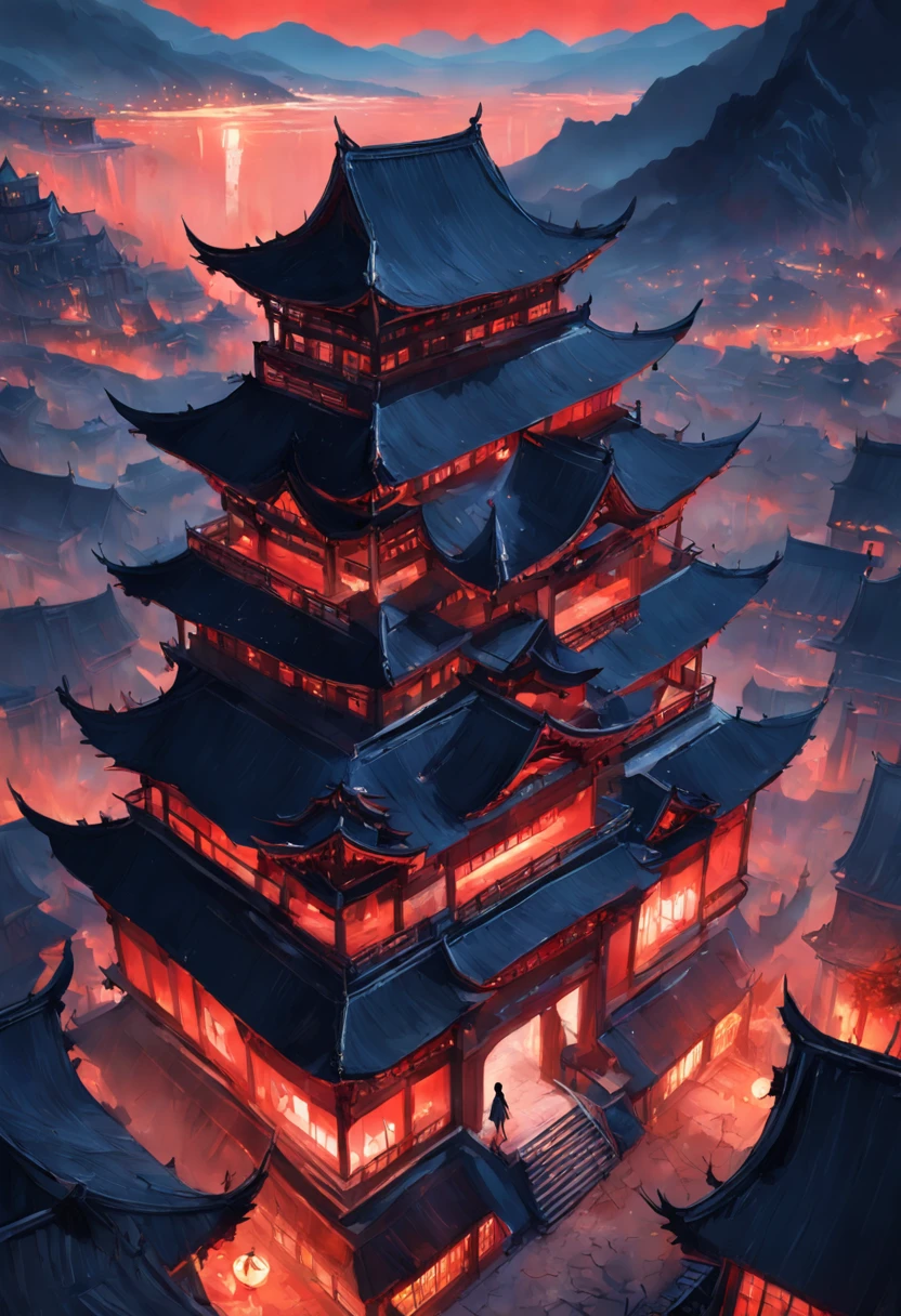 Best quality, Masterpiece, 超高分辨率, (photograph realistic:1.4), surrealism, Dream-like,fusionart, Shadowdancer, shadow magic,Red-eyed, Black-haired vampire,Dilapidated castle in the background,POV from above,4k, scenery, mountain, no humans, outdoors, sky, night, architecture, east asian architecture, lantern, cloud, tree, building, house,rivers,fluorescent butterfly, rim light,low moon light,