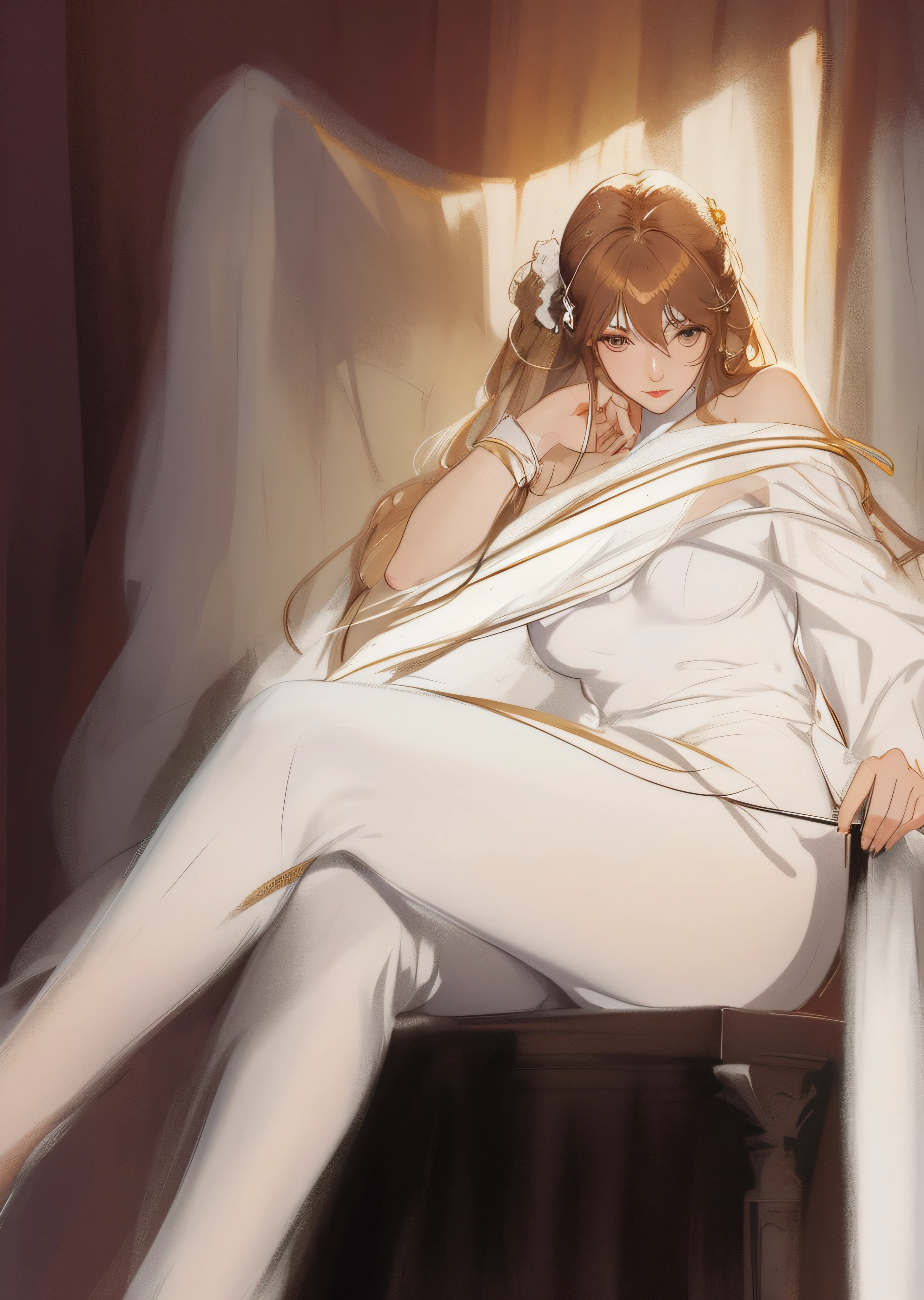 high-level image quality、Drawing of a woman in a white shirt and white pants, sultry digital painting, blurry and dreamy illustration, style digital painting, Fully clothed. painting of sexy, Inspired by Ramón Casas y Calvo, #1 digital painting of all time, # 1 digital painting of all time, digital art of an elegant、Beauty sitting on the throne、Beauty with crossed legs、long brown hair、Beautiful woman sitting with hands on cheeks