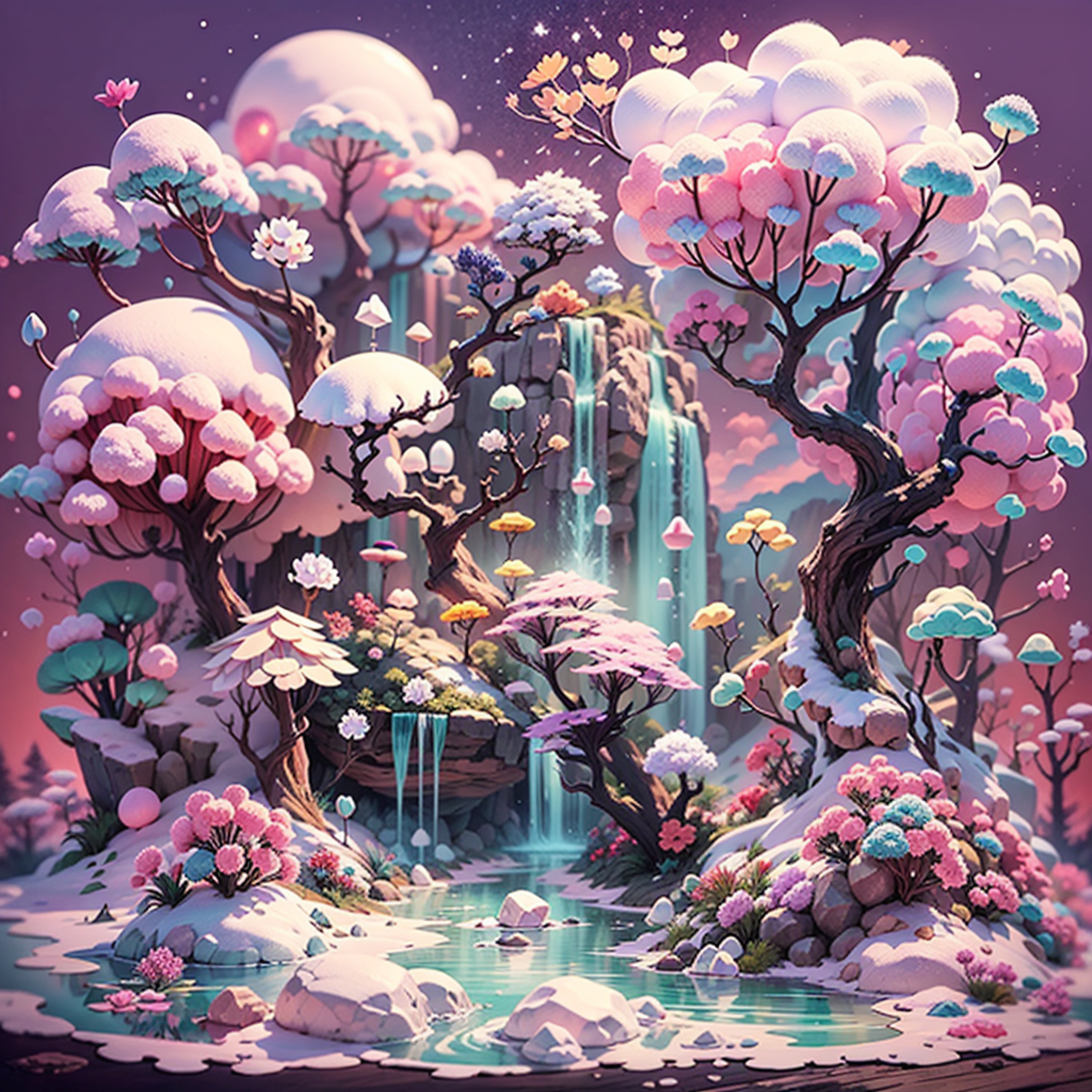 concept art, mixedmedia3DreliefAI, CottoncandyClouds,MarshmallowMountains, WoodenTrees, WatercolorWaterfall, PaperFlowers, transparent bioluminescent bubbles, NO_hands