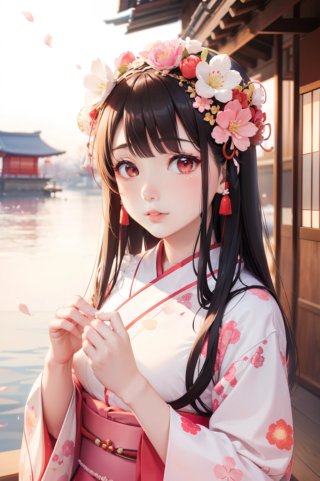 Woman、Facial Chinese style Lolita model Hanako Conch、Gorgeous kimono appearance、Red and white flower confetti、Drooping cherry blossoms、Gentle scenery、Fantastic sunset、soft light rays、Generate beautiful images with Japan tastes。