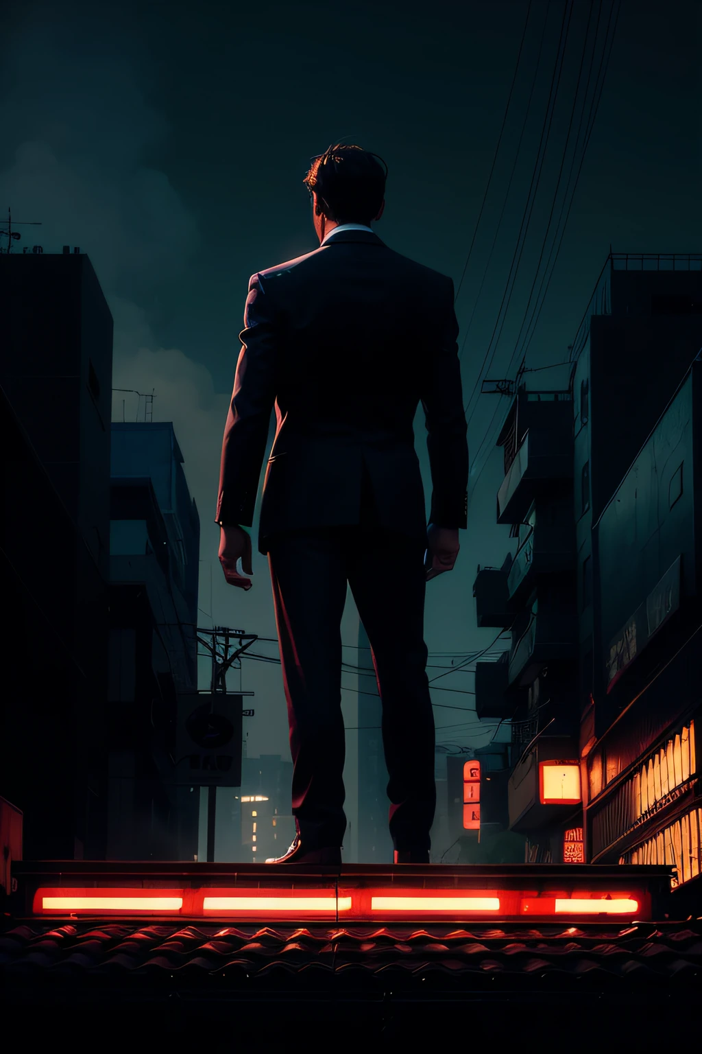 Image of a man in a suit, standing on the platform, neo noir style, badass anime 8 k, Hero pose: colorful city lighting, HQ 4K Phone Wallpaper, Beat City. neo noir style, Hackneyed technology. neo noir style, It crosses a dark city, Phone wallpaper, Background of Neo Tokyo