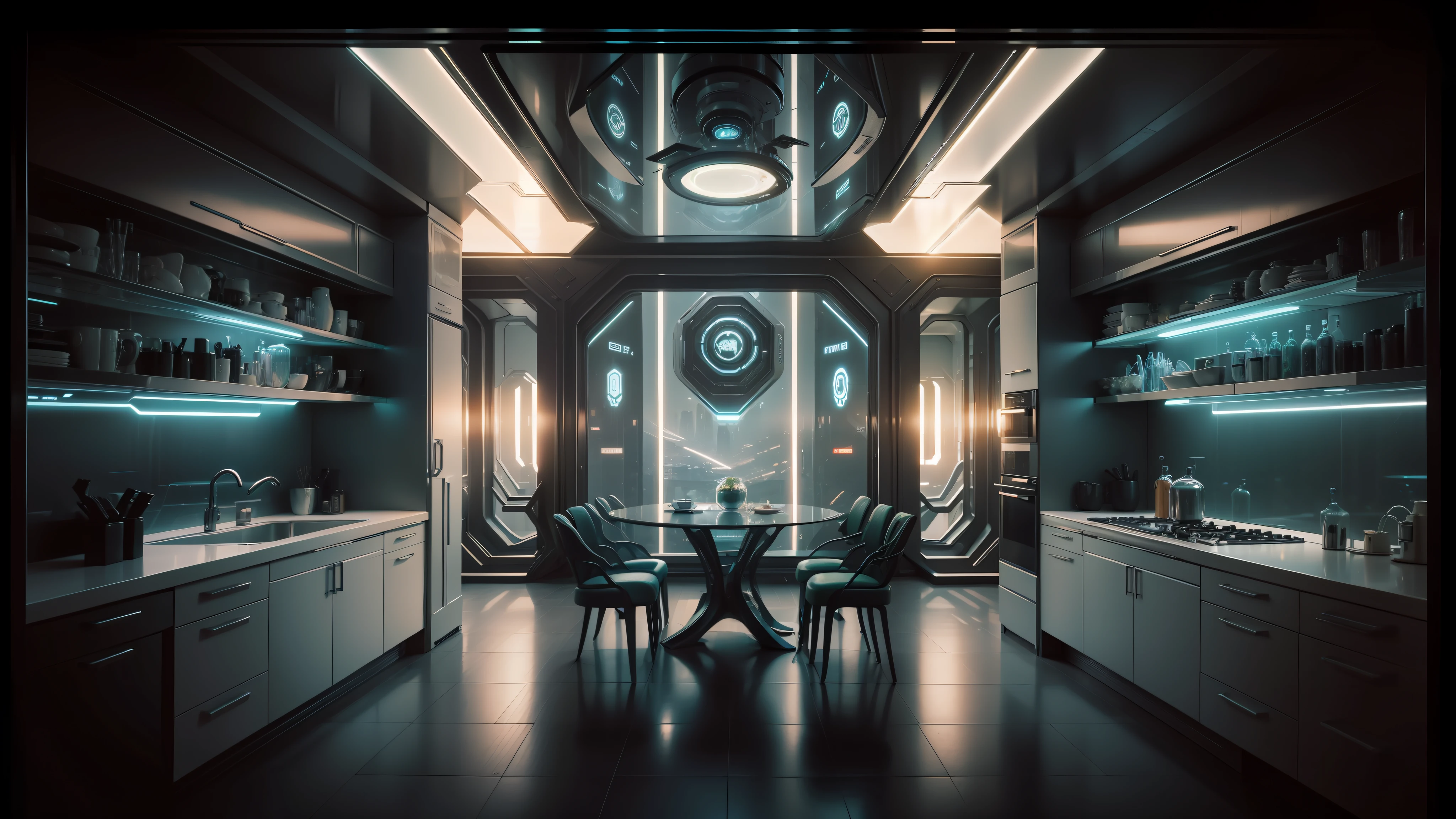 there is a dining room with a table and chairs in it, symmetrical. sci - fi, symmetrical!! sci-fi, cgsociety 9, sci - fi interior, from a 2 0 1 9 sci fi 8 k movie, frame from prometheus movie, futuristic. game cg, futuristic interior, cyberpunk apartment, scifi room, futuristic room background --auto --s2