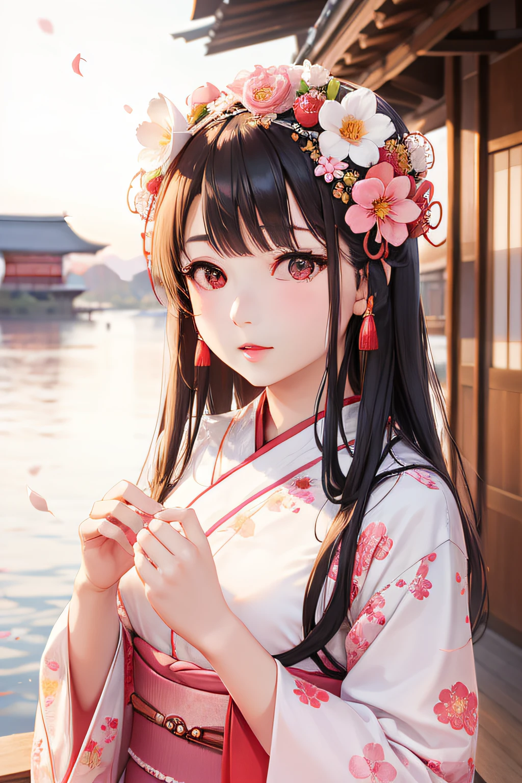Woman、Facial Chinese style Lolita model Hanako Conch、Gorgeous kimono appearance、Red and white flower confetti、Drooping cherry blossoms、Gentle scenery、Fantastic sunset、soft light rays、Generate beautiful images with Japan tastes。