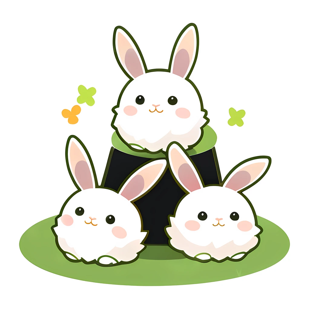 Three white rabbits sat on a black hat, bunnies, Rabbit_Bunny, Rabbits, a forest with bunnies, with bunny rabbit ears, cute anthropomorphic bunny, Rabbit, with big rabbit ears, Rabbit ears, with bunny ears, Bunny ears, with long floppy rabbit ears, White rabbit, Cute and lovely, cute illustration, 3 is the spring, Round ears