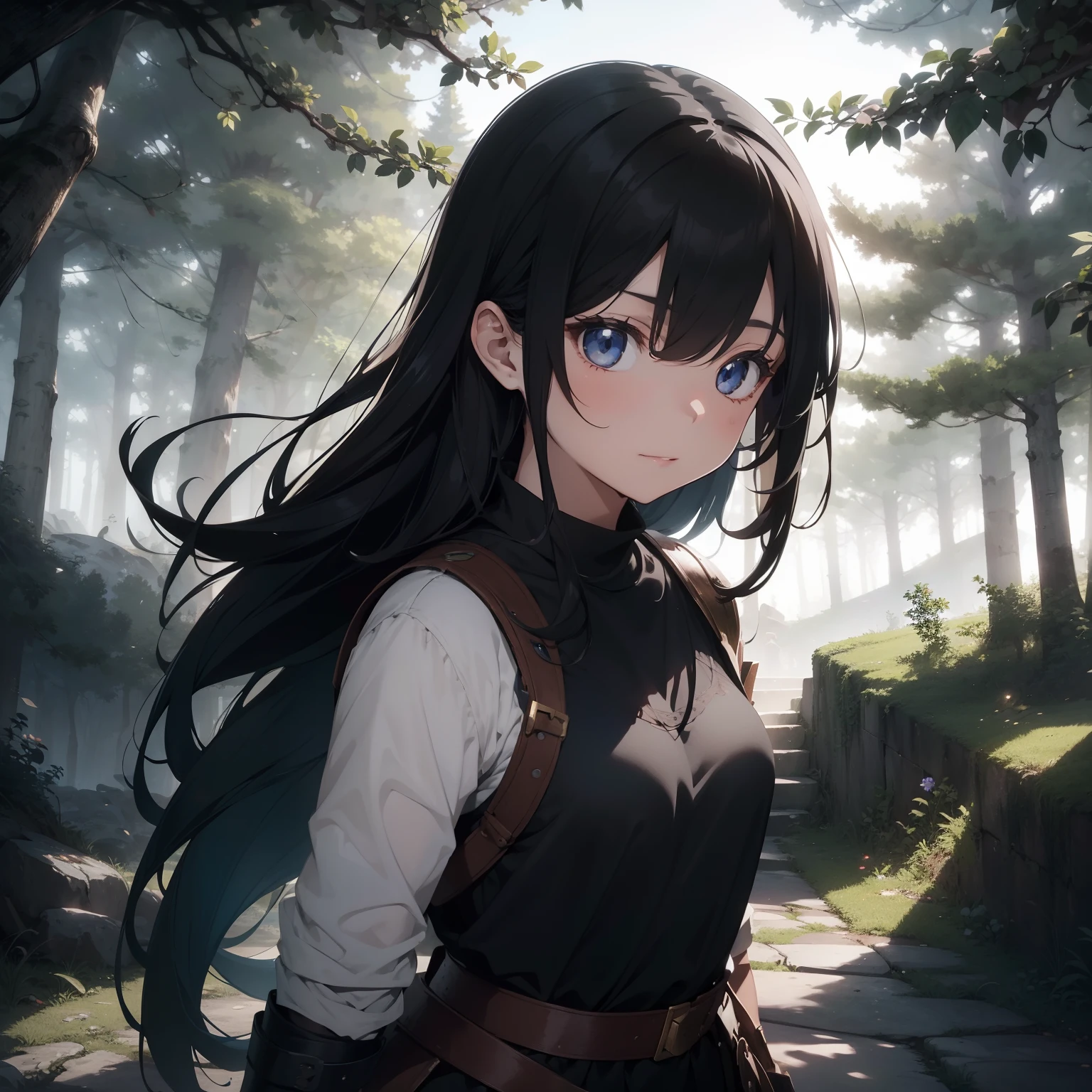 1girl, solo, super fine illustration, an extremely delicate and beautiful, best quality, one eye covered, long flowing black hair, muscular build, carrying an oversized sword, armor with an antique, battle-worn aesthetic, mysterious and powerful, surrounded by a dense forest with a hint of magic, the flora and fauna are otherworldly and wondrous, walking a path that leads to an unknown destination, an enchanted atmosphere that alludes to stories of ancient battles and spiritual beings, Danbooru tags: #warrior #forest #magic #mystery #battleaxe #armor #enchanted.