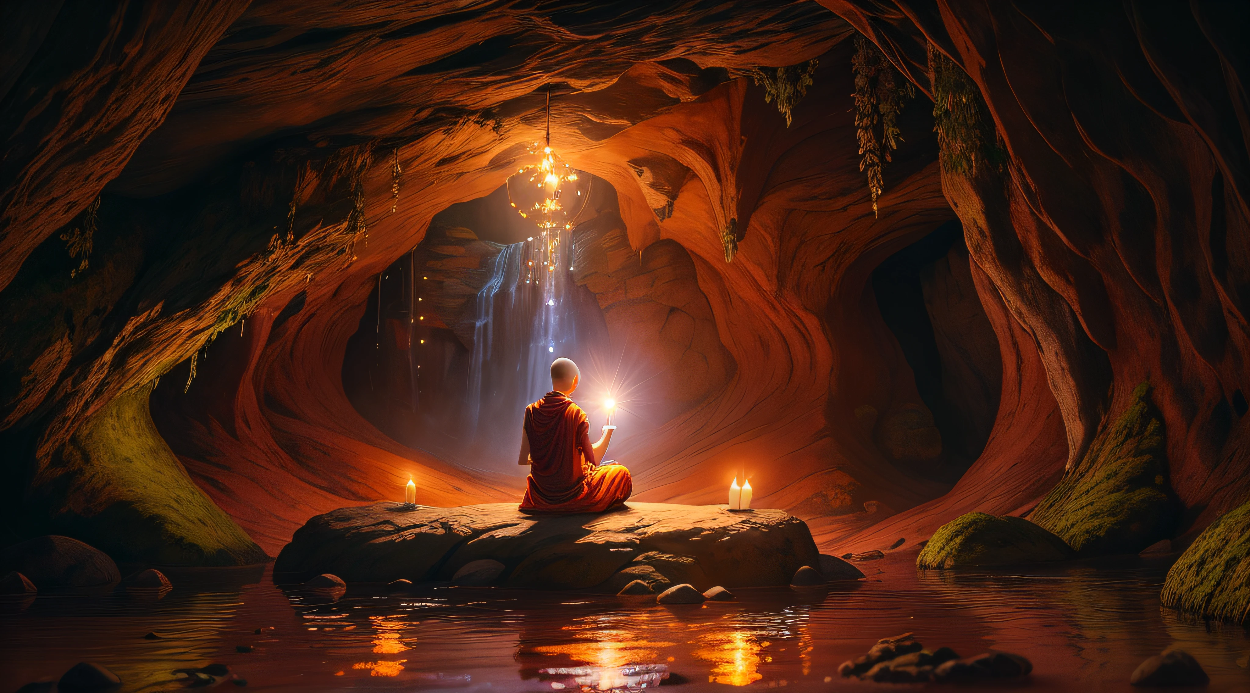 a person sitting in a cave with candles lit up, hindu stages of meditation, monk meditate, meditating, a mystical temple, praying meditating, buddhist monk meditating, glowing temple in the distance, floating in a powerful zen state, buddhism, meditation, buddhist, in a cave with the waterfall, mystical setting, underground temple, mysterious temple setting,