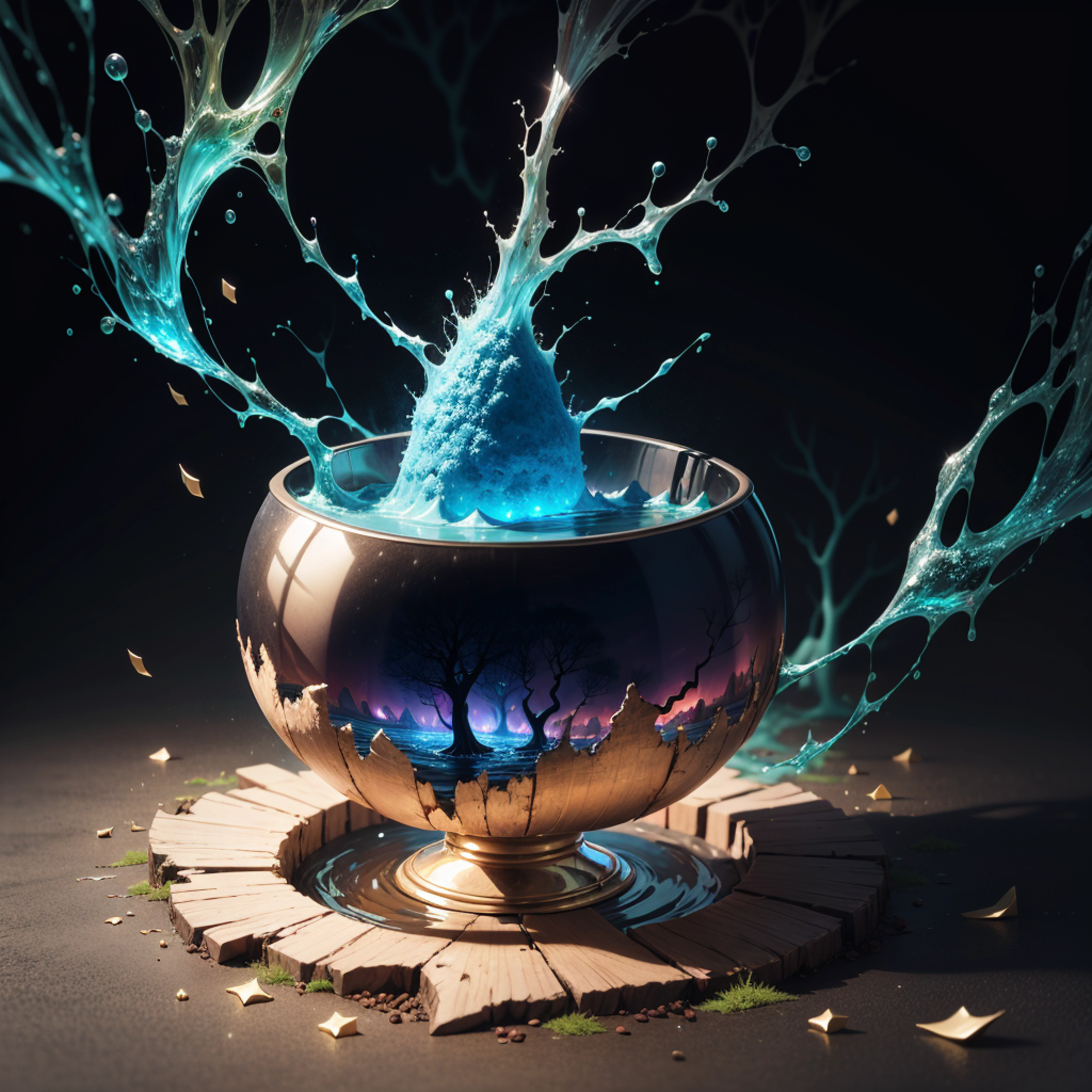 tangled twisted roots holding a glowing ornamentad crystalbowl containing shimmery slime, an island with a huge moss vulvano emerges from the slime exploding into glitter and konfetti, mythic lighting