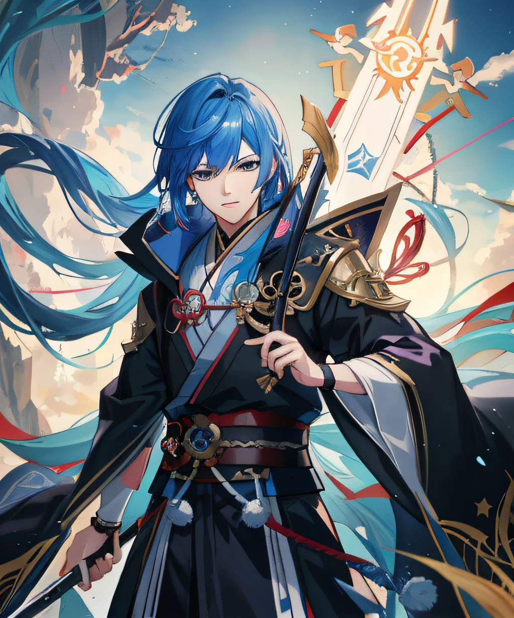 Anime - Style image of a handsome guy with blue hair holding a sword, There is a third eye in the middle of the eyebrows, which is from the Keqing of Genshin impact, handsome guy in demon killer art, anime in fantasy style, Anime fantasy illustration, zhongli from genshin impact, Onmyoji detailed art, style of anime4 K, Anime fantasy artwork, Anime art wallpaper 4k, Anime art wallpaper 4 K