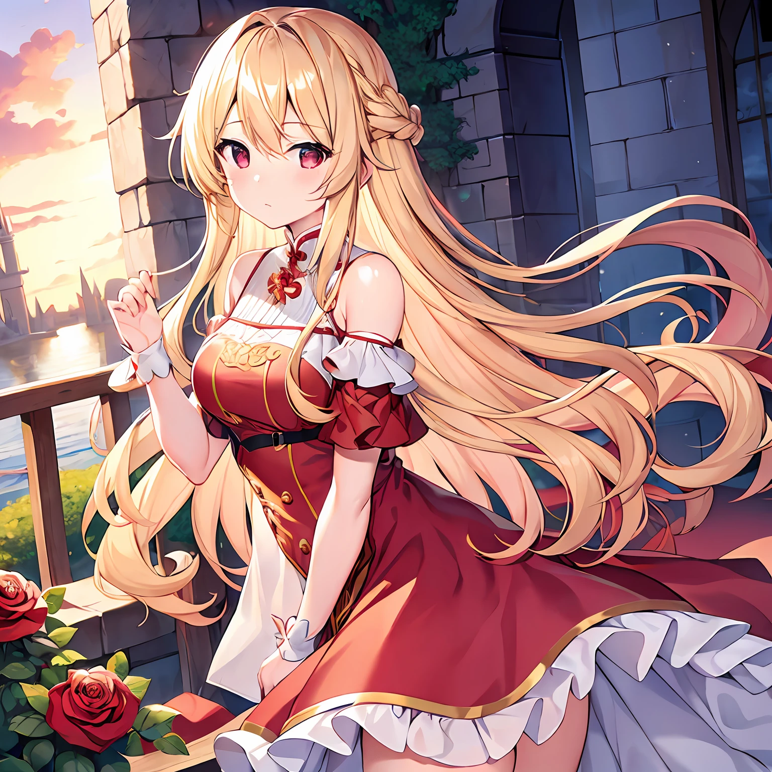 wavy blonde hair、red eyes、Beautiful girl alone、独奏、animesque、Fluffy clothes、off shoulders、a miniskirt、Castles、rose garden、a cold expression