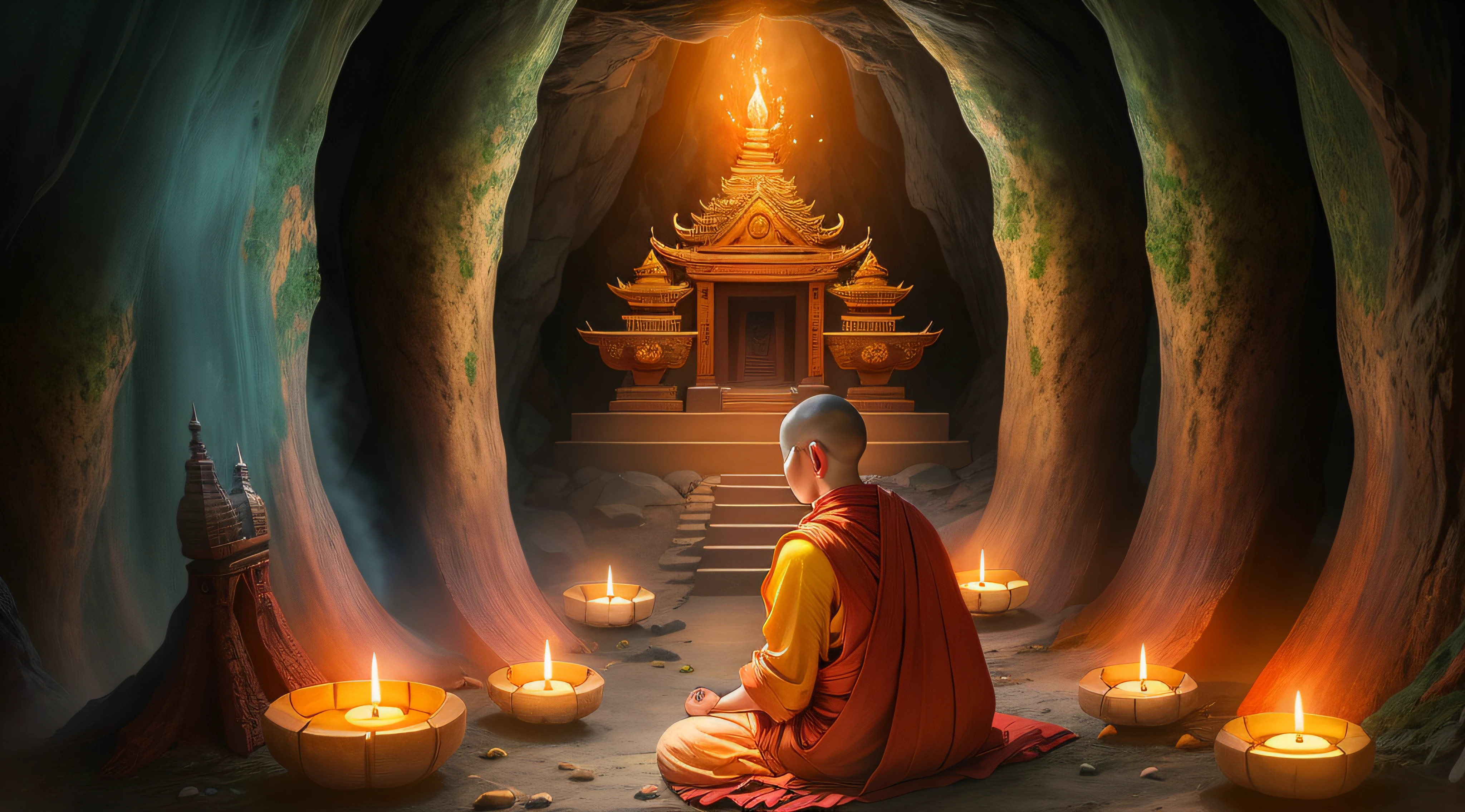 a person sitting in a cave with candles lit up, hindu stages of meditation, monk meditate, meditating, a mystical temple, praying meditating, buddhist monk meditating, glowing temple in the distance, floating in a powerful zen state, buddhism, meditation, buddhist, in a cave with the waterfall, mystical setting, underground temple, mysterious temple setting,