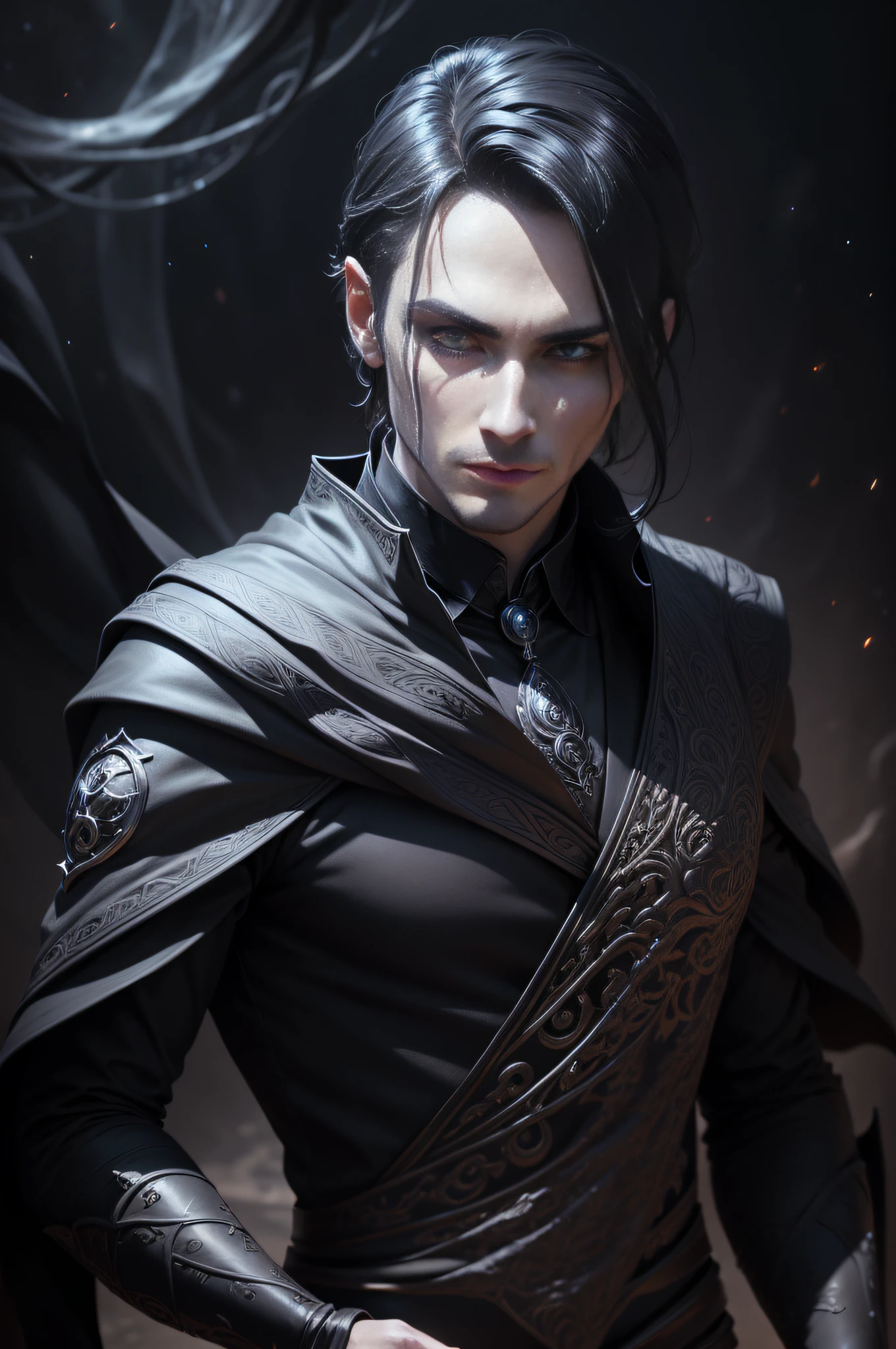 fully body photo, facing camera, gotik((Male magician))Realistic digital painting portrait, Magical deep black universe, Male Magic Cloth，Black is carved in intricate details, sport, Walking forward, Slow motion, Very detailed eyes, (abstract backgrounds:1.2),  (game concept:1.3), (Elden ring style:1.3), (Arcane style:0.8), (Depth of field:1.3), voluminetric lighting, Global illumination