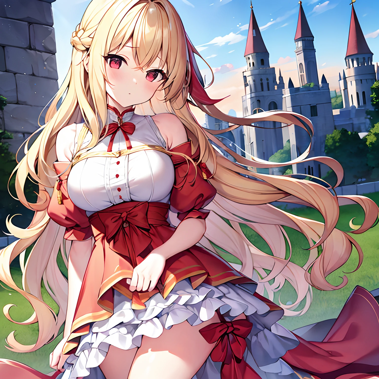 wavy blonde hair、red eyes、Beautiful girl alone、独奏、animesque、Fluffy clothes、off shoulders、a miniskirt、Castles、rose garden、a cold expression