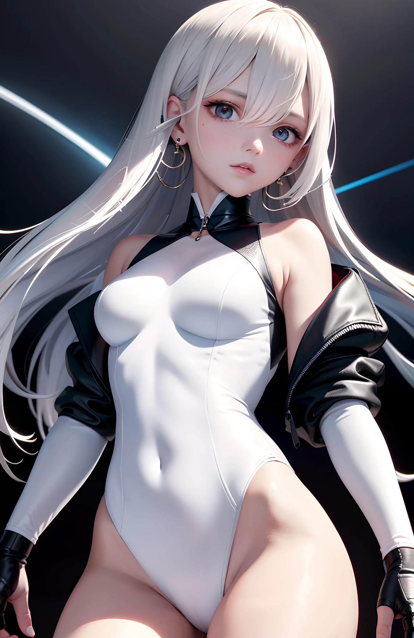 optimum，tmasterpiece，A high resolution，best qualtiy，hyper HD，super detailing，Award-Awarded，16k，独奏，（The upper part of the body），anatomy correct，Beautiful cyberpunk girl，cute  face，，Gradient Beige Hair，Hairline，（（Scarlet eyes）），long eyelasher，Hanging eye corners，White skin of the，（small boobs），（Slim body），（（Windproof jacket uniform）），（），ear studs，（neck rings），（Laser material clothing：1.2）