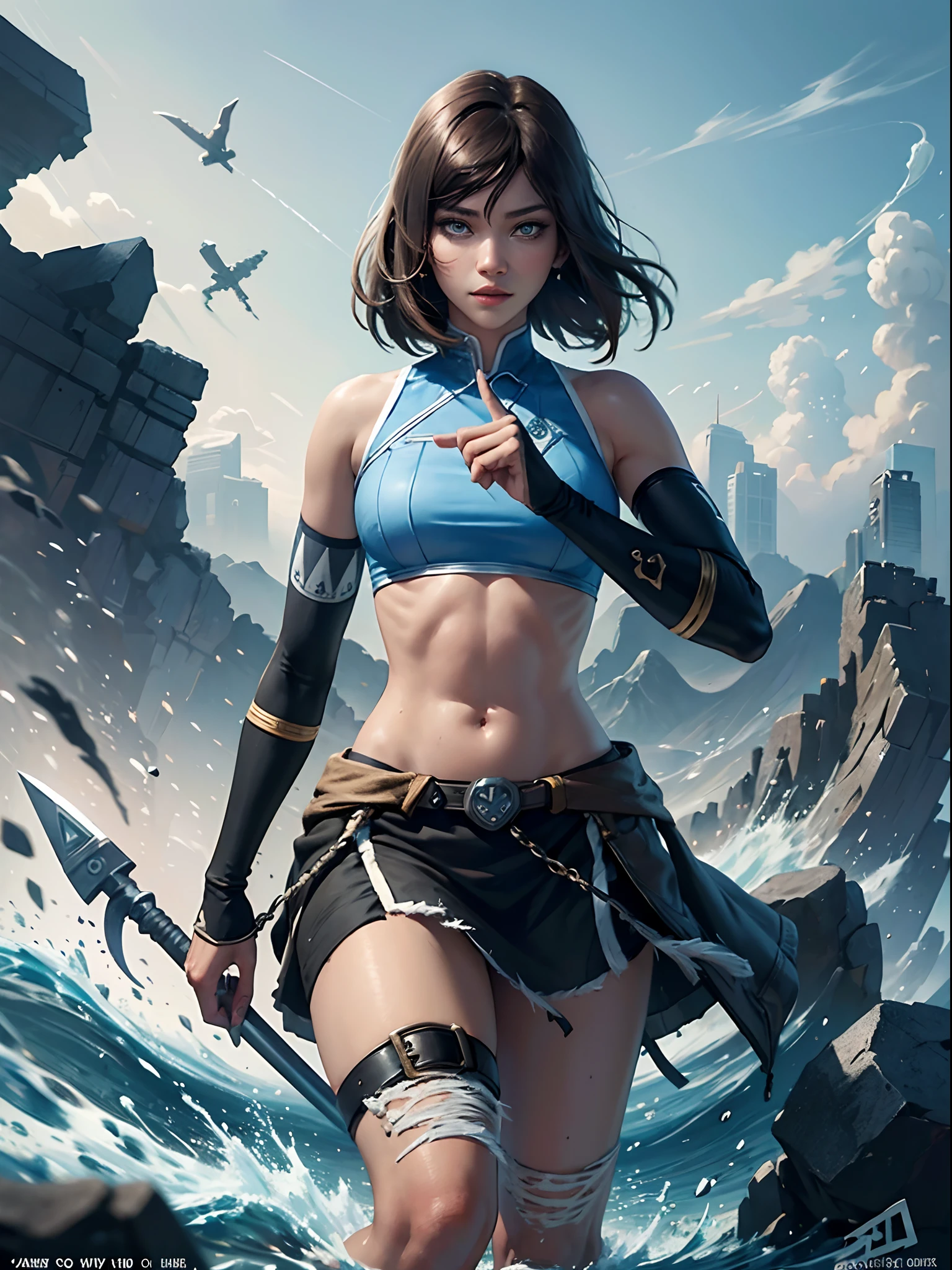 Zendaya like Korra, sightly muscled, messy hair, Full body, Beautiful anime waifu style girl,hyperdetailed painting, luminism, art by artgerm, concept art, dark background, abstract beauty, approaching perfection, pure form, golden ratio, minimalistic, dark atmosphere, unfinished, concept art, intricate details, 8k post production, high resolution, hyperdetailed, trending on artstation, sharp focus, studio photo, intricate details, highly detailed,