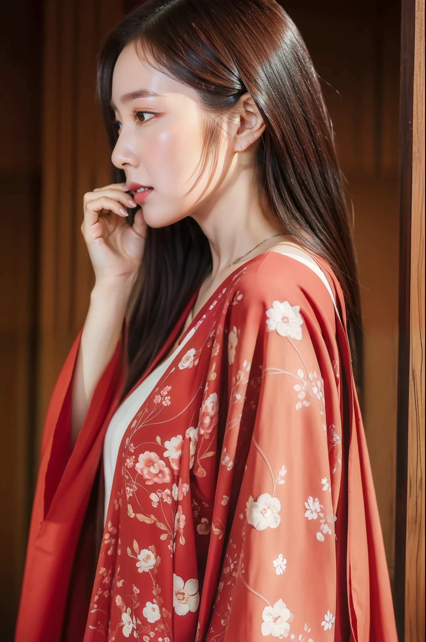 (top-quality、8K、32K、​masterpiece、nffsw:1.2)、1 girl、solo、FULL BODYSHOT、Woman in Kimono、Rear view、Holding a red Japanese umbrella、Wearing zori shoes、Slender figure、Brown hair color、Hair is tied、FULL BODYSHOT、backshots、Don't show your face、Faraway view、wide-angle lens、simple background