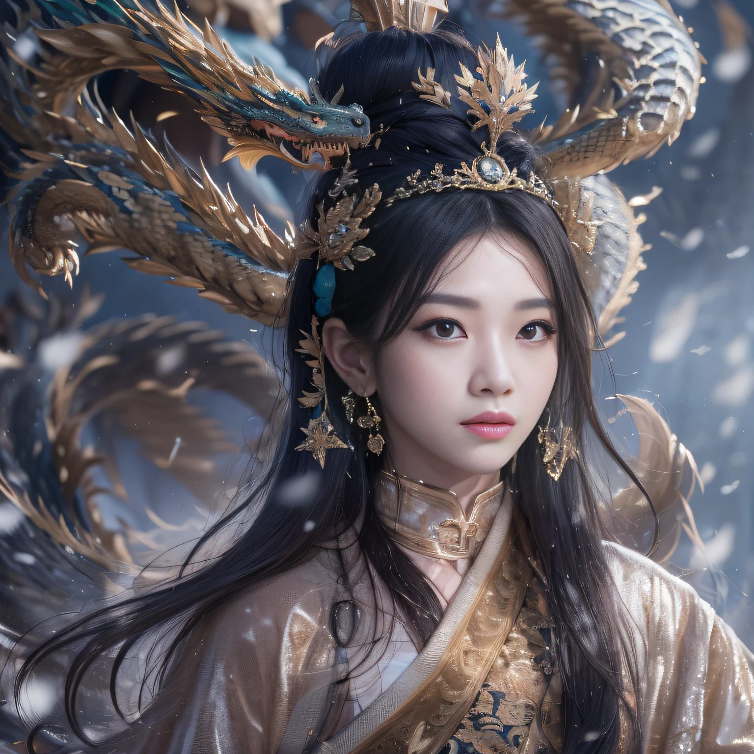 32k（tmasterpiece，k hd，hyper HD，32k）Long flowing black hair，ponds，Xuzhou girl ，Bronze Dragon Protector （realisticlying：1.4），Python pattern robe，Purple-pink tiara，Snowflakes fluttering，The background is pure，Hold your head high，Be proud，The nostrils look at people， A high resolution， the detail， RAW photogr， Sharp Re， Nikon D850 Film Stock Photo by Jefferies Lee 4 Kodak Portra 400 Camera F1.6 shots, Rich colors, ultra-realistic vivid textures, Dramatic lighting, Unreal Engine Art Station Trend, cinestir 800，Hold your head high，Be proud，The nostrils look at people