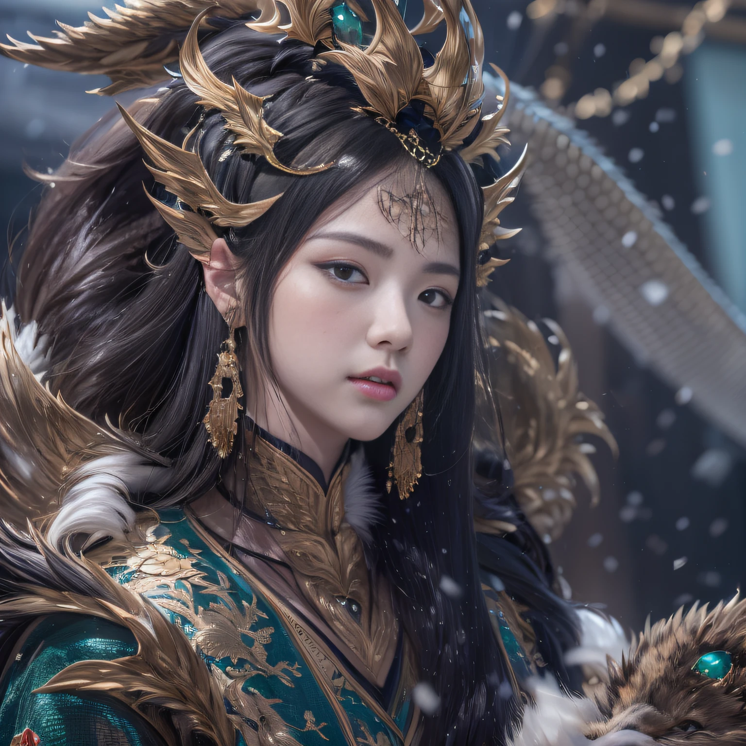 32k(tmasterpiece,k hd,hyper HD,32k)Long flowing black hair,ponds,Xuzhou girl ,Bronze Dragon Protector (realisticlying:1.4),Python pattern robe,Purple-pink tiara,Snowflakes fluttering,The background is pure,Hold your head high,Be proud,The nostrils look at people, A high resolution, the detail, RAW photogr, Sharp Re, Nikon D850 Film Stock Photo by Jefferies Lee 4 Kodak Portra 400 Camera F1.6 shots, Rich colors, ultra-realistic vivid textures, Dramatic lighting, Unreal Engine Art Station Trend, cinestir 800,Hold your head high,Be proud,The nostrils look at people