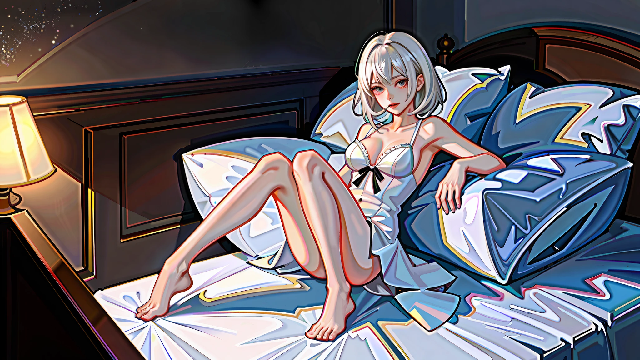 Full body bedroom,onbed,Girl with short white hair spreads her legs in dimly lit bedroom,white stockings,Cover your mouth with your hands,Messy hair,Long hair scattered on the bed,Juice,unwear,saliva