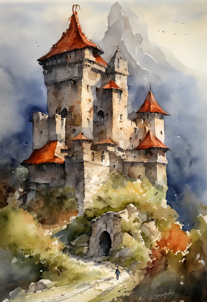 Best quality, Masterpiece, 超高分辨率, (photograph realistic:1.4), surrealism, Dream-like,fusionart, Shadowdancer, shadow magic,Red-eyed, Black-haired vampire,Dilapidated castle in the background