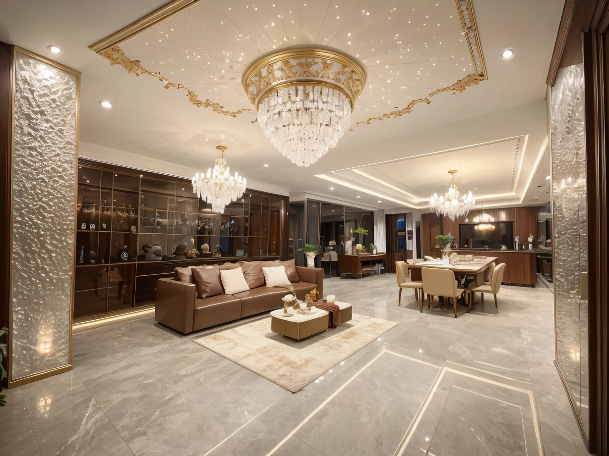 ,masterpiece, best quality,8k, ultra highres,Duan,It is a fascinating work of art,A luxurious glow from every detail,It seems to take people into a fantastic wonderland。Step into this home,The walls are decorated in a soft Swiss chocolate color,Warm and calm;The floor is laid with gorgeous Italian marble,As if stepping on a soft cloud。The ceiling is decorated with starry crystal lighting,Embellished with an infinite romantic atmosphere,Let people can't help but revel in it。The sofa is handmade by the world's top designers,Made of top quality leather,The texture is silky smooth,It's wonderful to get people to sit down。Both the common areas and the bedrooms,Every place shows the ultimate taste and noble comfort。