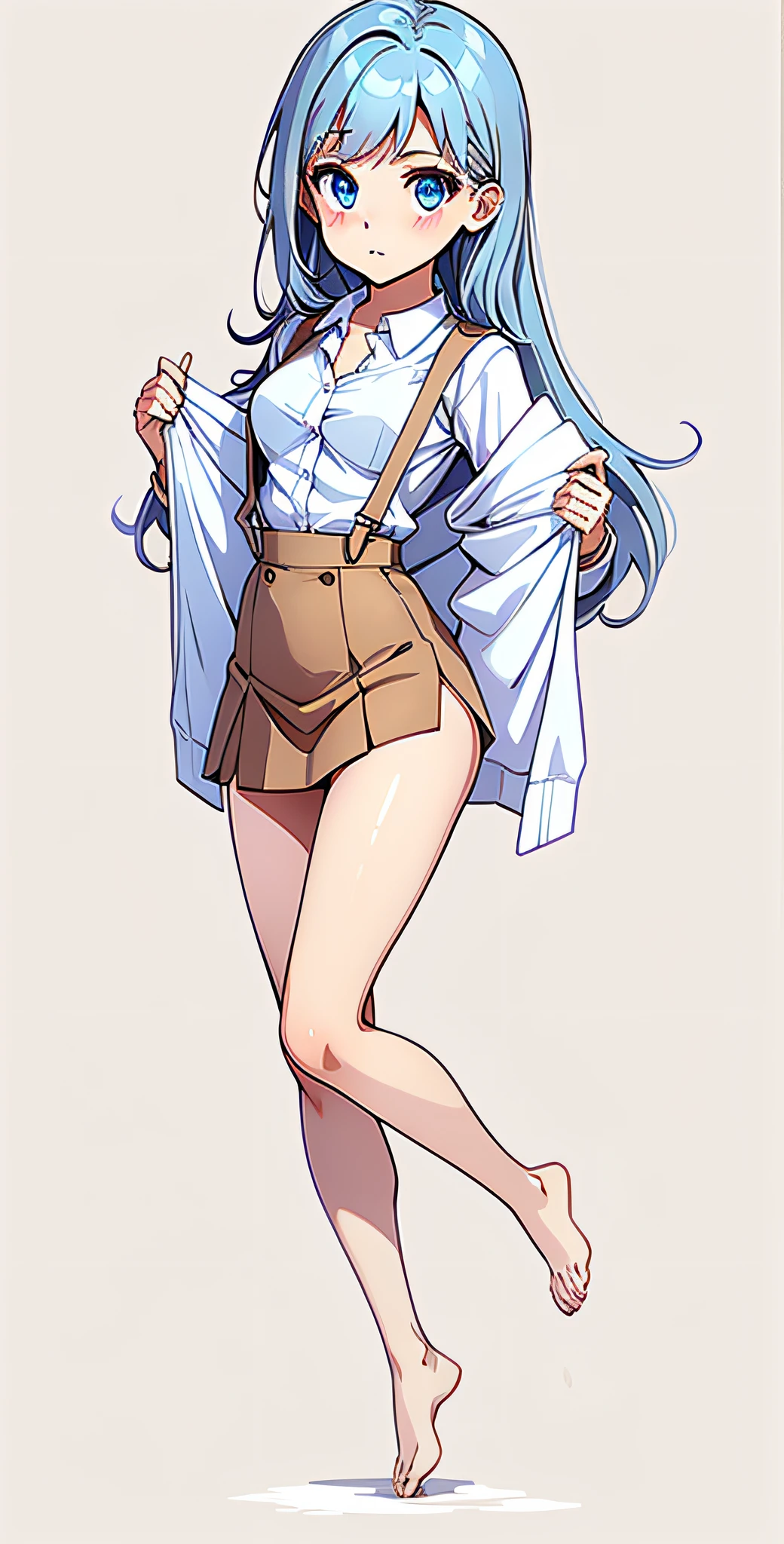 schoolgirls，standing full-body，Undress，White suspenders，Short brown skirt，Barefoot，blue hairs