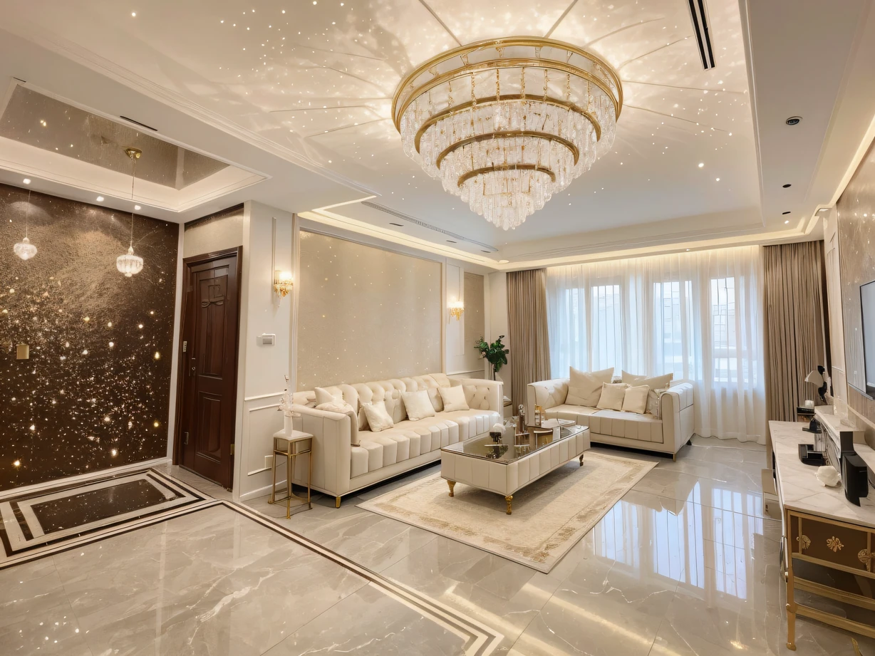 ,masterpiece, best quality,8k, ultra highres,Duan,It is a fascinating work of art,A luxurious glow from every detail,It seems to take people into a fantastic wonderland。Step into this home,The walls are decorated in a soft Swiss chocolate color,Warm and calm;The floor is laid with gorgeous Italian marble,As if stepping on a soft cloud。The ceiling is decorated with starry crystal lighting,Embellished with an infinite romantic atmosphere,Let people can't help but revel in it。The sofa is handmade by the world's top designers,Made of top quality leather,The texture is silky smooth,It's wonderful to get people to sit down。Both the common areas and the bedrooms,Every place shows the ultimate taste and noble comfort。