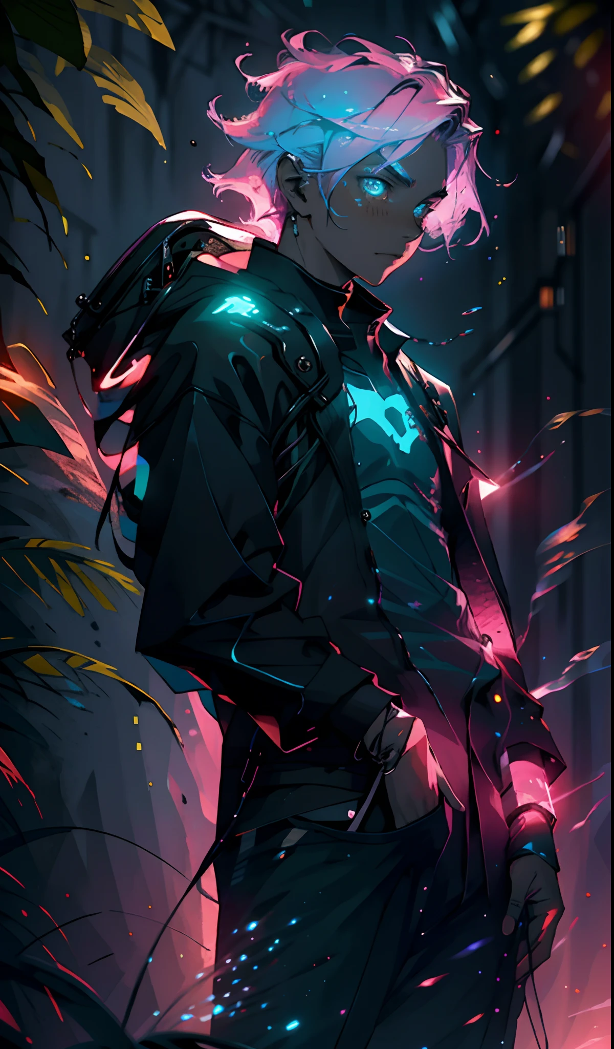 cute young man, ultra high quality, volumetric, bioluminescence, luminism, pink-orange, lut