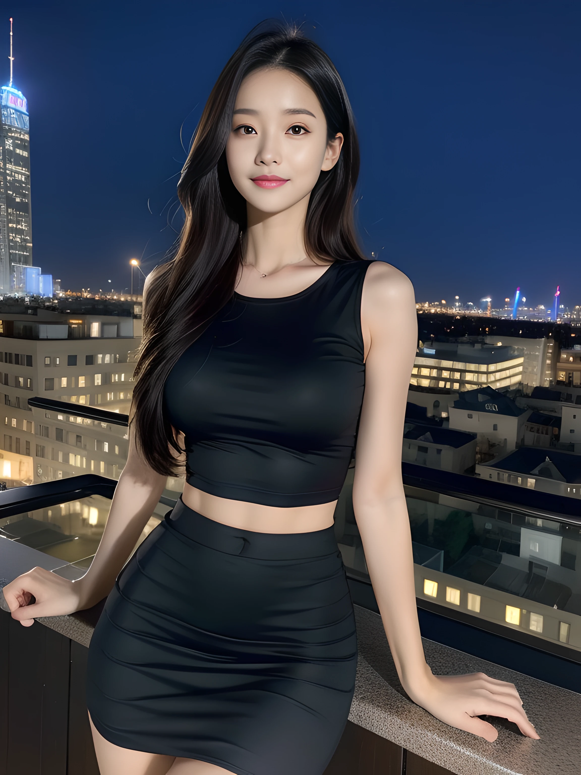 ((midynight, Acura, 8K, tmasterpiece: 1.3)), full bodyesbian, long leges, Focalors: 1.2, perfect figure beautiful woman: 1.4, Slim abs: 1.1, (dark brown hair,: 1.2 )), (Apricot skinny T-shirt, short skirt,sitting on a stool: 1.2), (city night scene, the roof: 1.3)), Highly Detailed Face and Skin Textur, detailedeyes, 二重まぶた,
