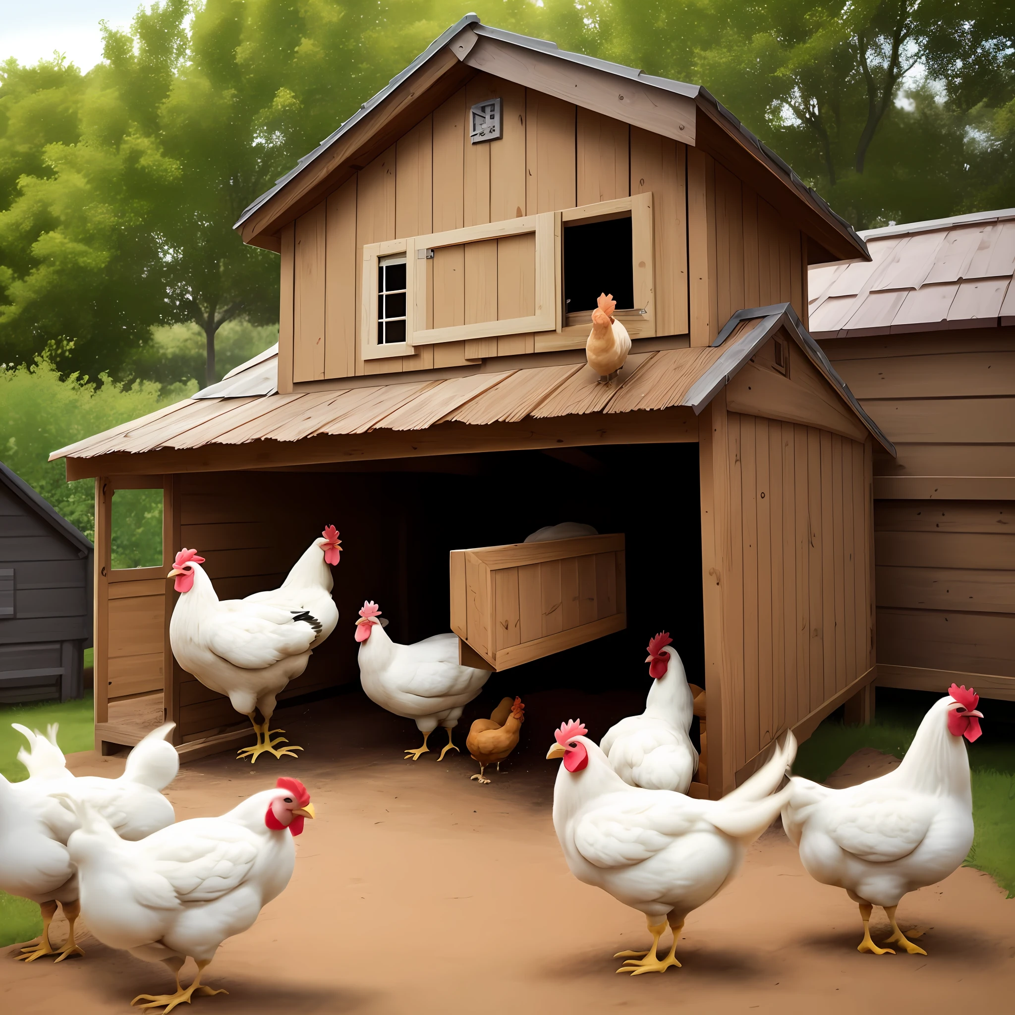 Images of a chicken coop with several chickens scratching the ground.