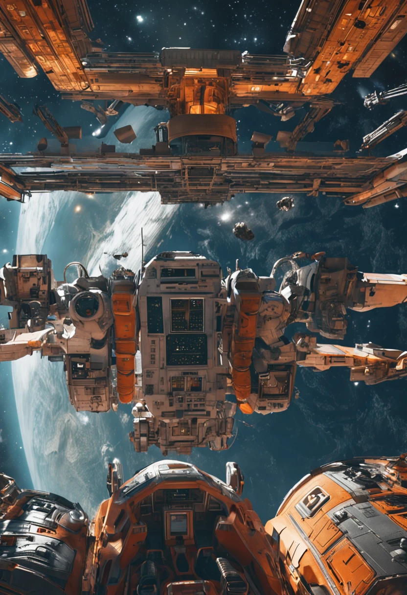 The Starspace Station has a wide field of view at 2350，There are a lot of realistic photos with clean and detailed backgrounds, Laborers in spacesuits are guarded and supervised by robotic cyborgs (armed)