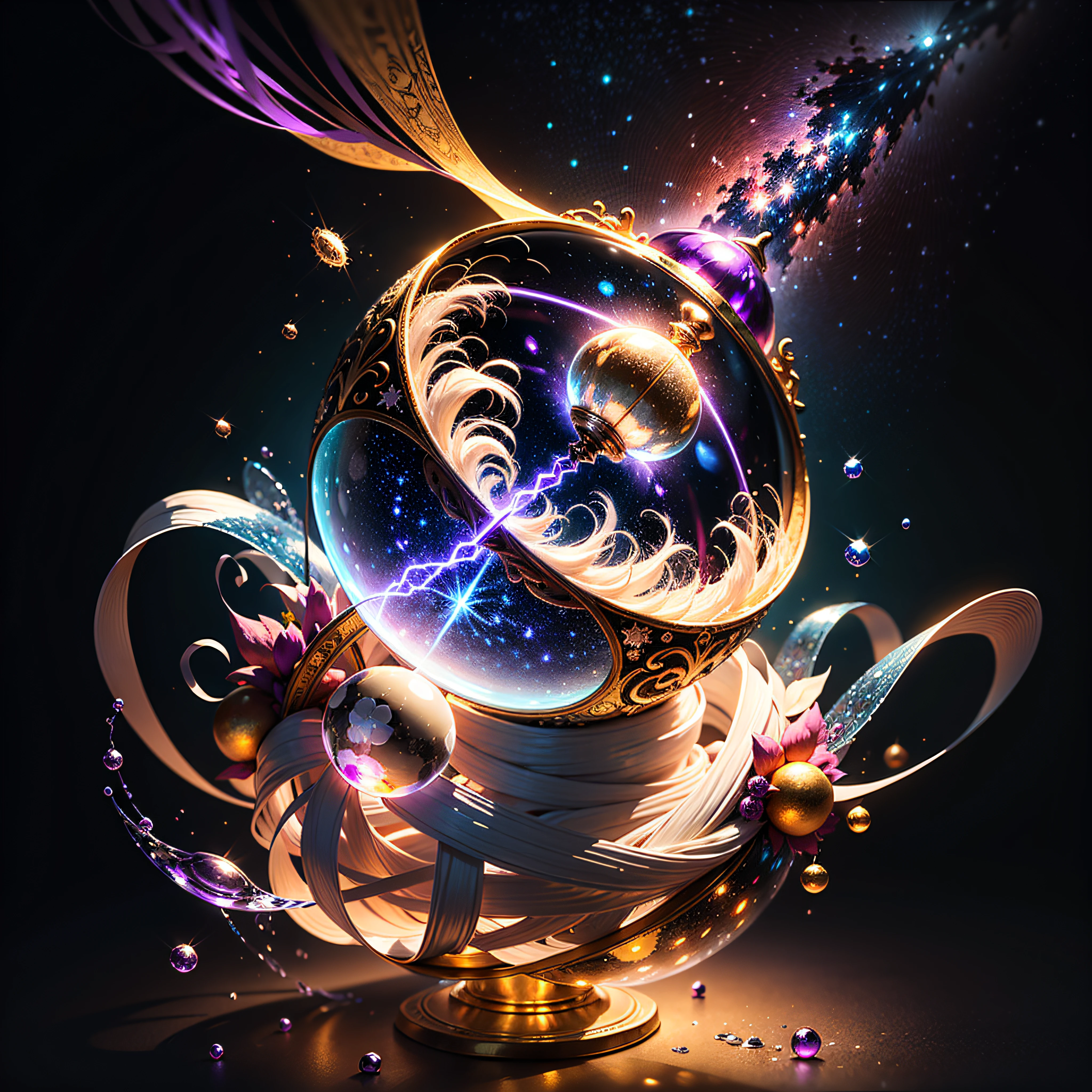 bioluminescentAI, tangled and twisted, braided ribbons, exploding amethysts, fractal energy waves spiral around a bioluminescent soul vessel, glowing plasma particles in nebula before a crystalmandala, prismatic effects, goldbubbles, silver laced ribbons, amethyst crystals, floating around a celestial globe, tangled and twisted splashing starexplosion, ornamental frame, delicate, intricate design, details, galaxy background