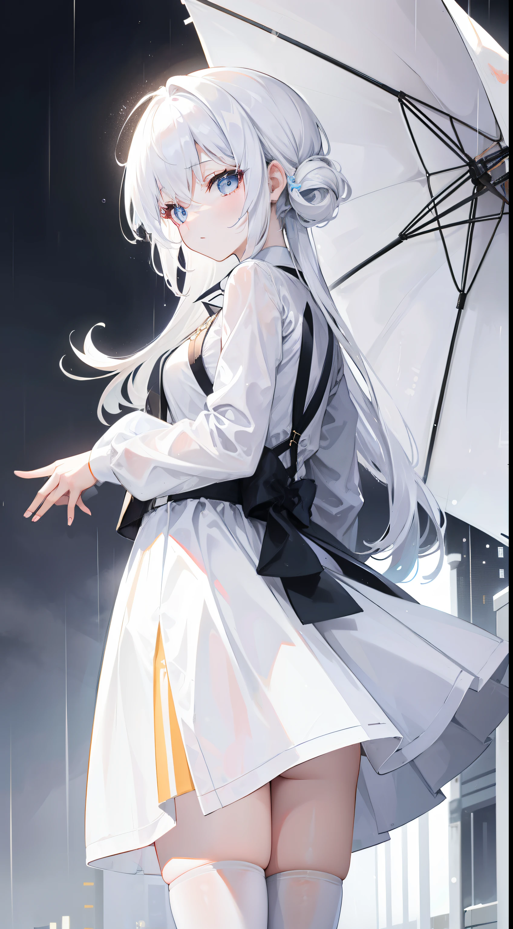 one-girl,White color hair,white stockings,Positive perspective,rainy evening,up-close